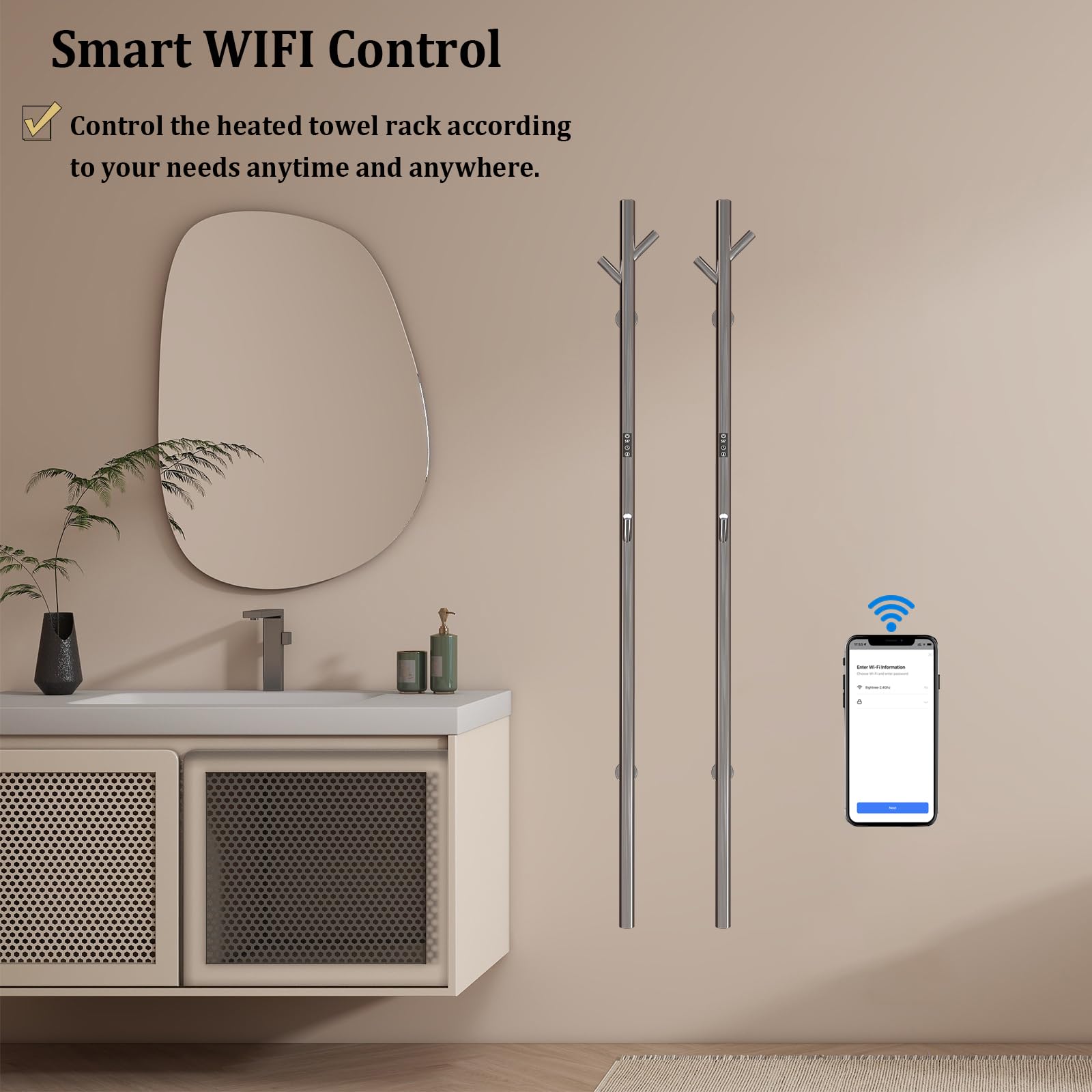 ESOP Sèche-Serviette Électrique Chromé, 30 W Chauffe-Serviettes 1525×65mm WiFi Intelligent Porte-Serviettes Chauffant Électrique Mural Commande Tactile à LED Radiateur de Salle de Bain avec 3 Patère
