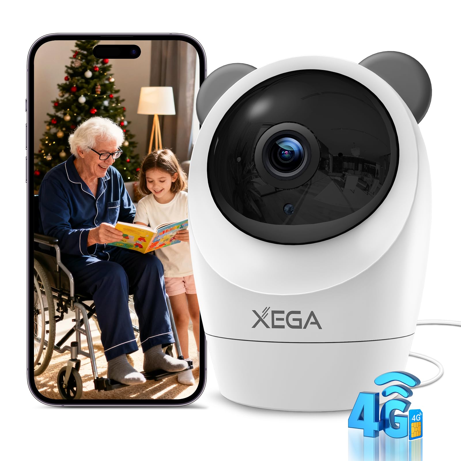 Xega 4G Cámara Vigilancia Interior con Tarjeta SIM,24/7 Grabación Continua Camara sin Wi-Fi,355°P 60° T, 2K Visión Nocturna,Detección PIR,Audio Bidireccional,TF & Cloud,Personas/Mascotas/Ancianos