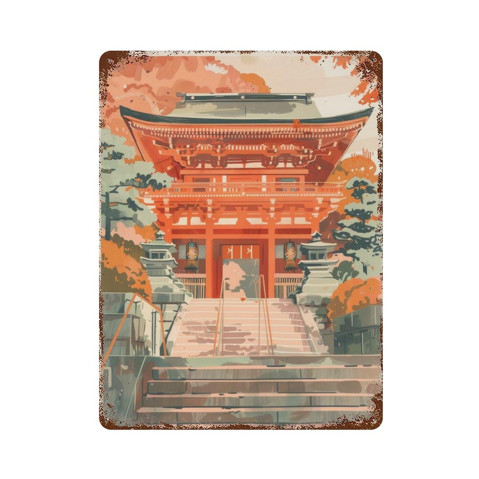 Garage Style Japanese Shinto Temple Rusty Metal Tin Sign 15.7"x11.8", Farmhouse Wall Decor for Bar And Workshop
