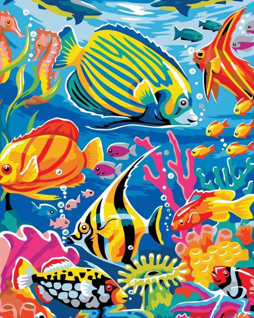 Zhonchng DIY Oil Painting by Numbers, Paint by Number Kits - Marine Fish 16 * 20 Inches Digital Oil Painting Canvas Wall Art Artwork Decor Gifts-with Frame