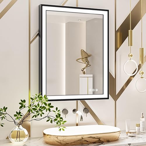 TokeShimi Espejo de tocador de baño LED negro de 20 x 28 pulgadas con luces con luz biselada en ángulo de 45, 3 colores, antivaho, marco mate de