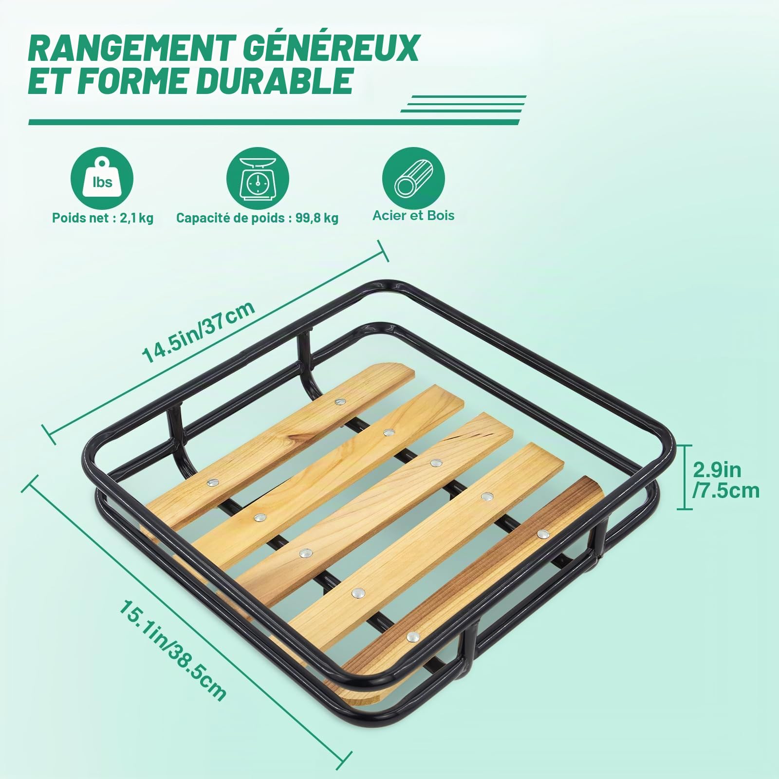 ZUKKA Panier de vélo avant en acier durable avec bois, hauteur réglable, pliable, facile à installer, capacité de 15 kg, convient à la plupart des vélos