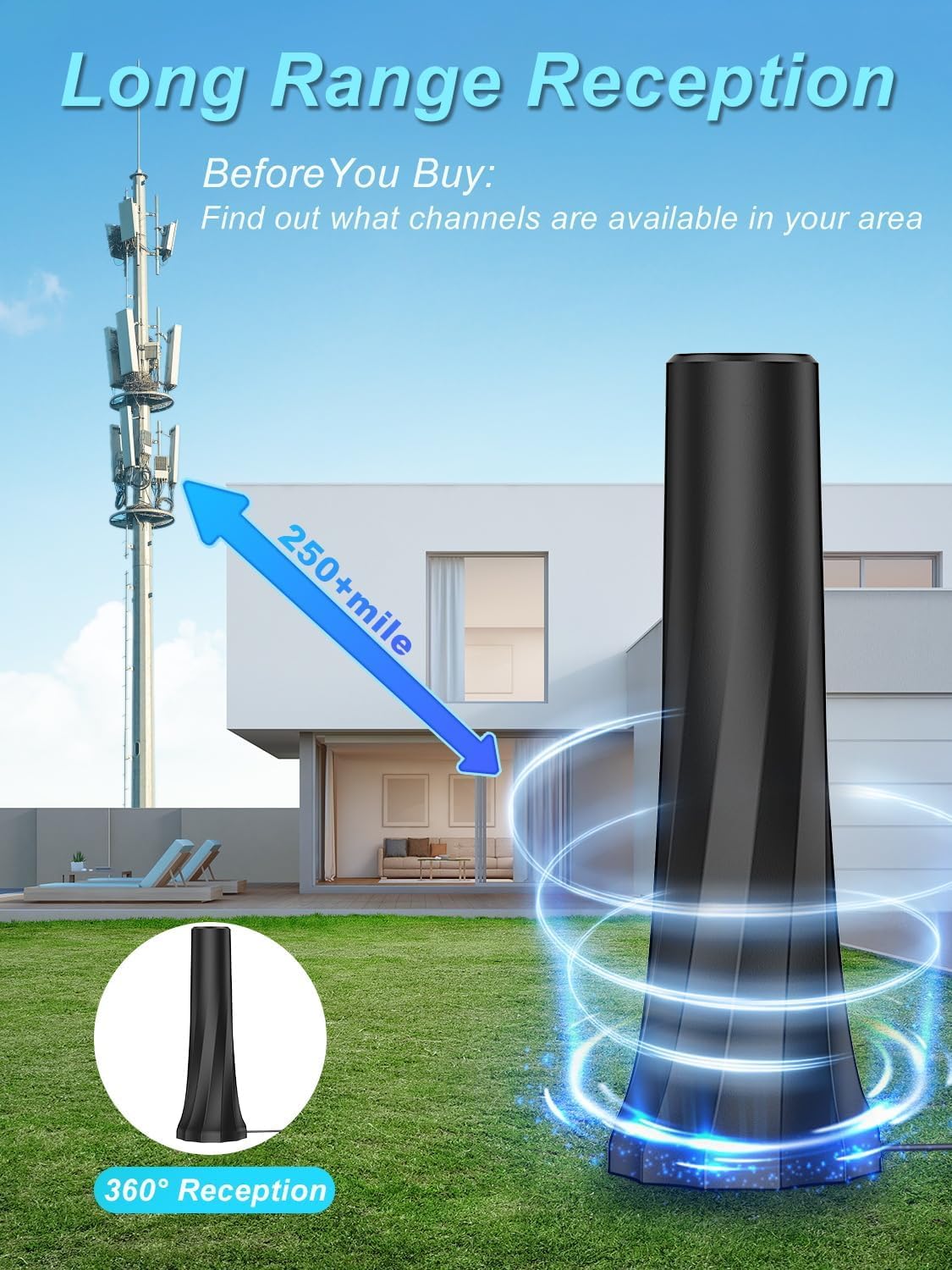 DVB-T/T2 Antenne mit Verstärker für Innen, Zimmerantenne für Fernseher, 360°-Empfang, Unterstützt 4K/1080P HD-Kanäle und alle Fernseher.