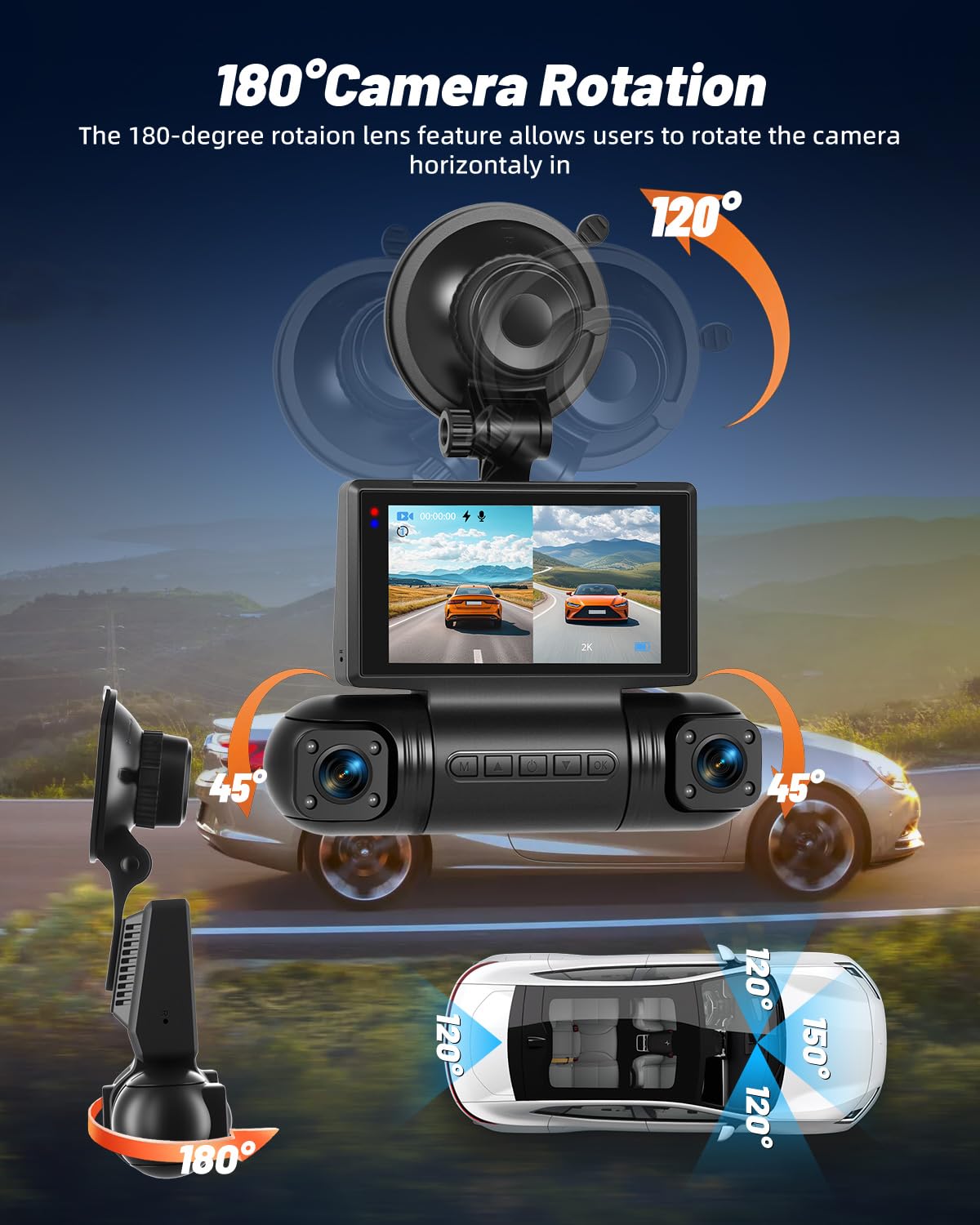 NHOPEEW 2K Dash Cam a 4 canali per auto – Videocamera WiFi per auto con tre telecamere 1080P, visione notturna, registrazione in loop, rilevamento del movimento con sensore G e controllo tramite app