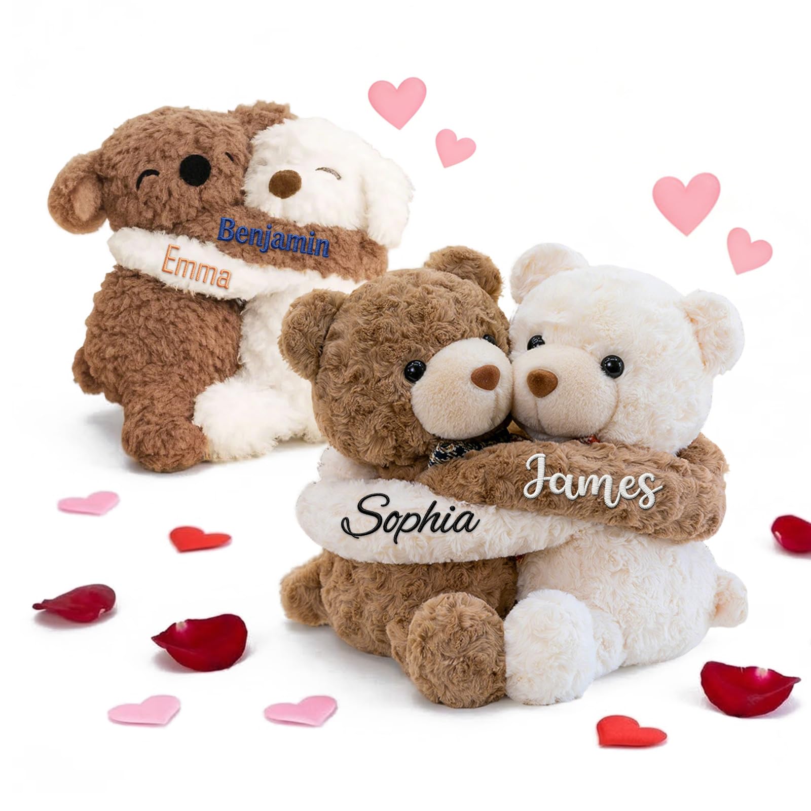 Personalized Hugging Teddy Bears, 2 Stuffed Bear or Puppy Plush Toy, Custom Embroidered Name, Romantic Gift for Couples, Room Home Decor, Birthday Anniversary Wedding Valentine's Day Gifts