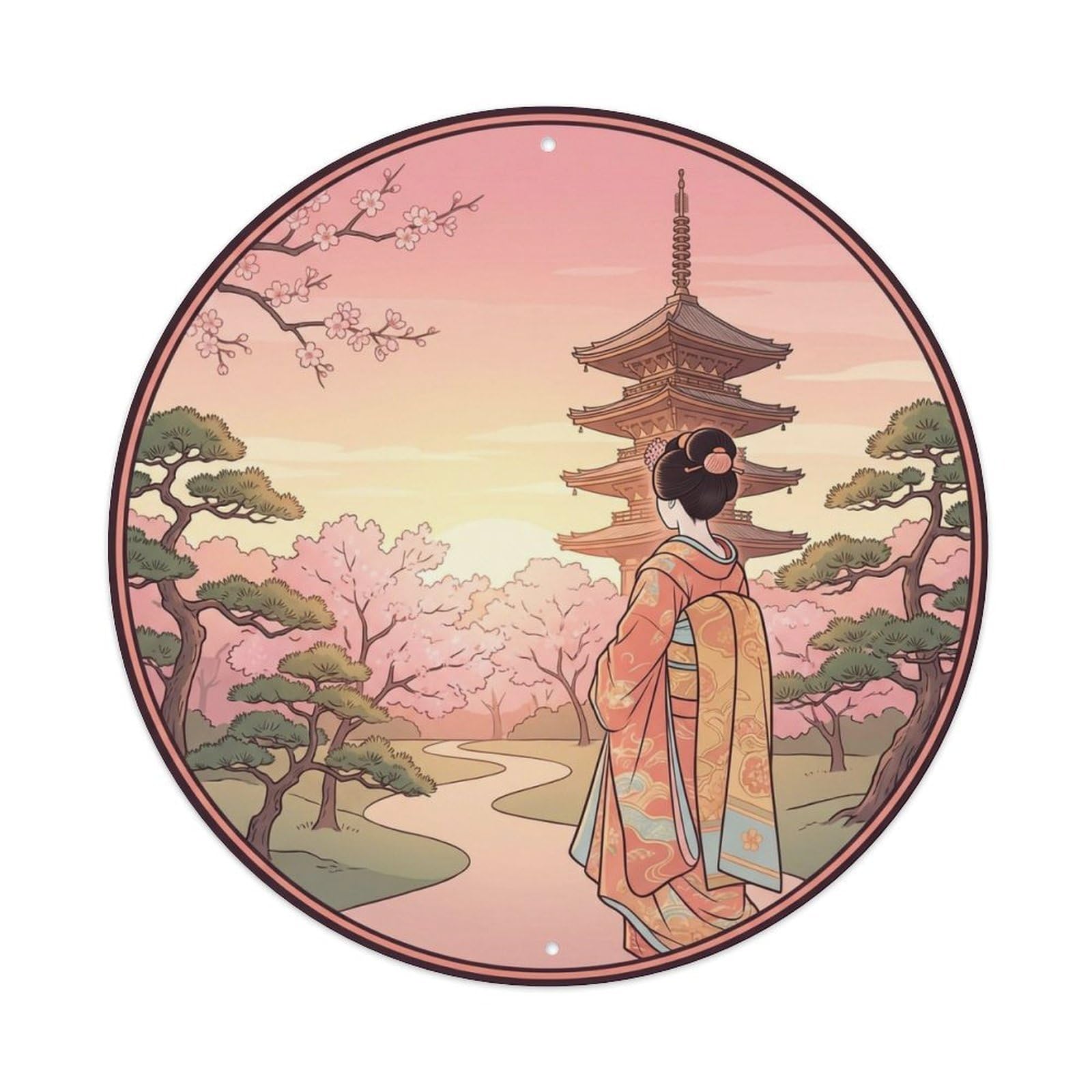 Yrnq 8X8inch Vintage Style Japanese Geisha Dawn Pagoda Pink Sky Morning Light Metal Tin Sign