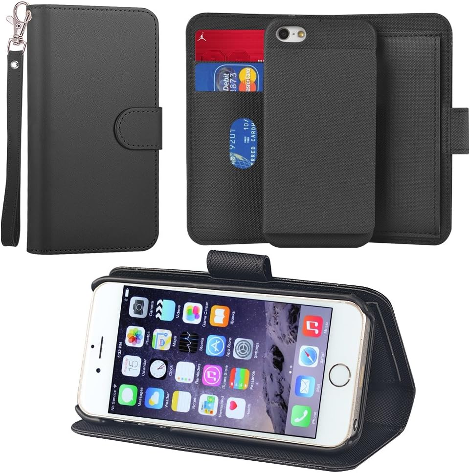 UrSpeedtekLive iPhone 5/5S/SE Detachable Wallet Case, Premium Vegan Leather Folio Flip Kickstand Case Cover with Card Slot, Wrist Strap, Magnetic Closure for Apple iPhone 5/5S/SE,Black