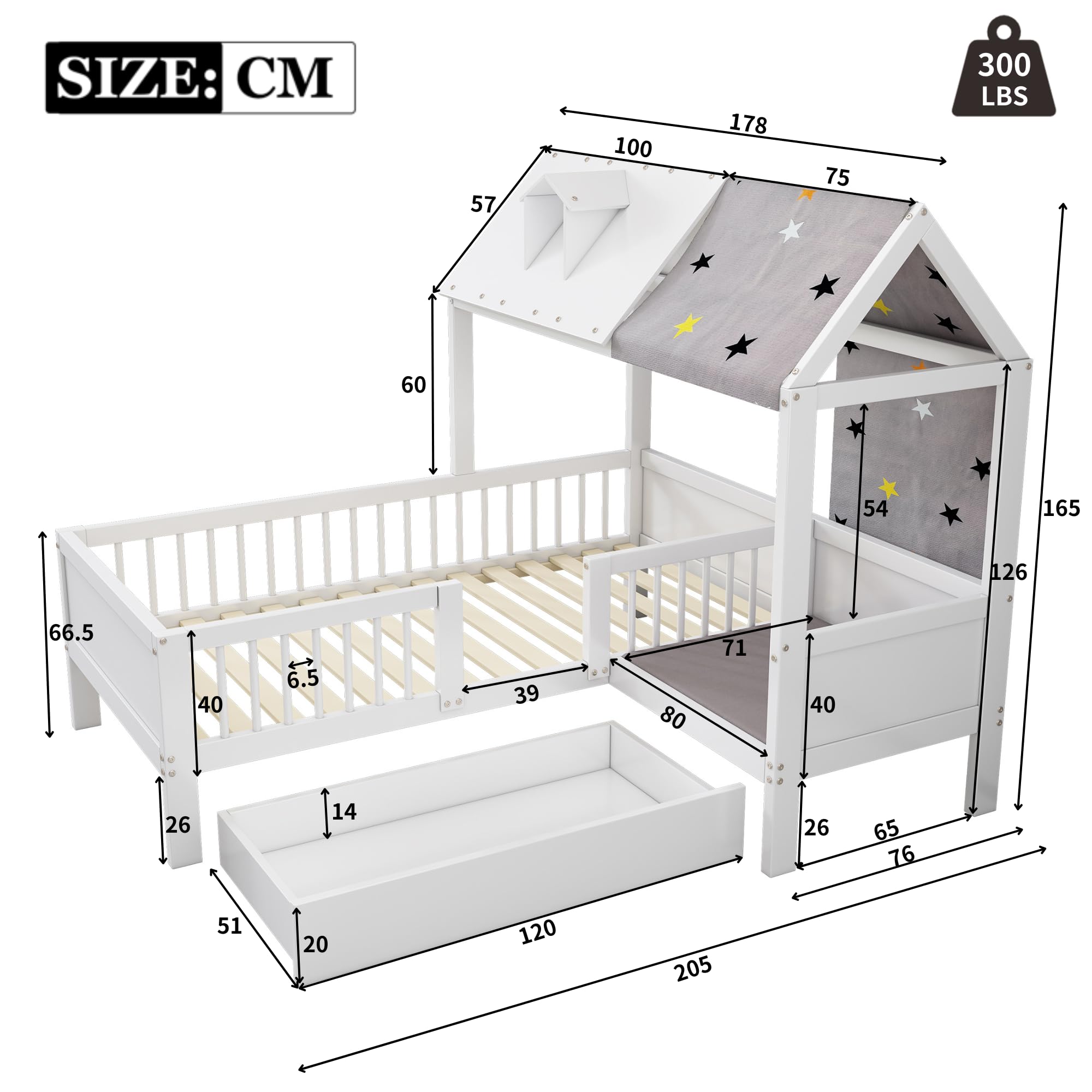 Kinderbett 90x200 cm, Hausbett mit Zeltstoff und Schubladen, Funktionsbett mit Fallschutz, Jugendbett Jungen und Mädchen, Ohne Matratze