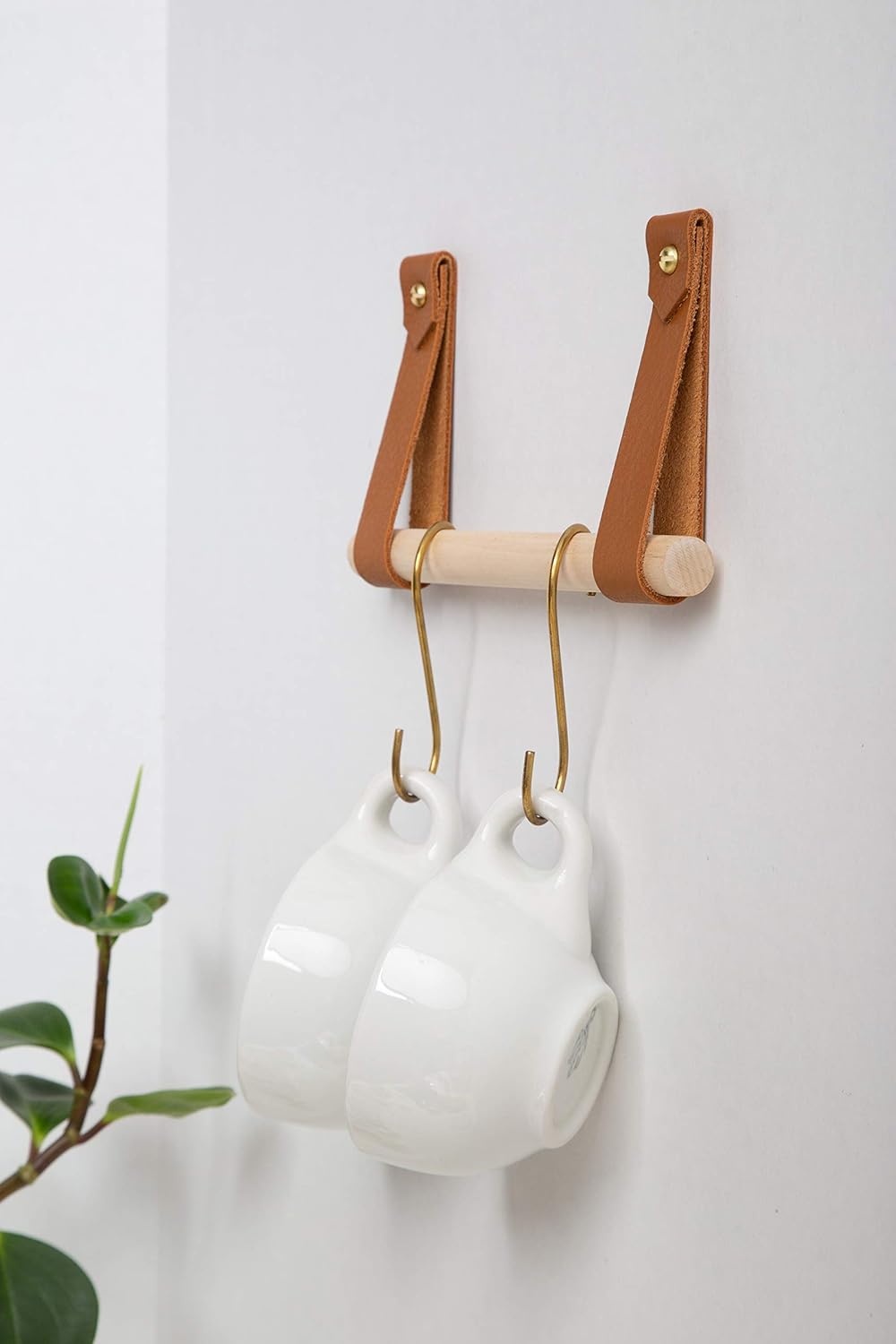 Keyaiira - Hanging Storage Rack Towel Holder Kit Wall Mounted Utensil or Mug Rail Kitchen, Bathroom, Camper, RV, Leather & Wood, Gold/Brass Hardware, Simple Hook, Small Space Organization, Coffee Bar