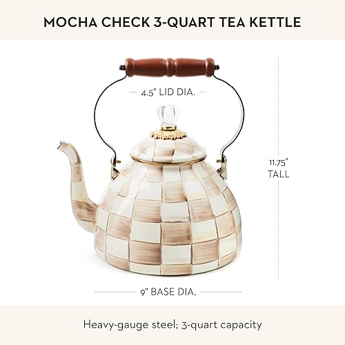 Miniatura 4 de MACKENZIE-CHILDS Tetera esmaltada, elegante tetera para estufa, cuadros marrón y blanco, 3 cuartos de galón