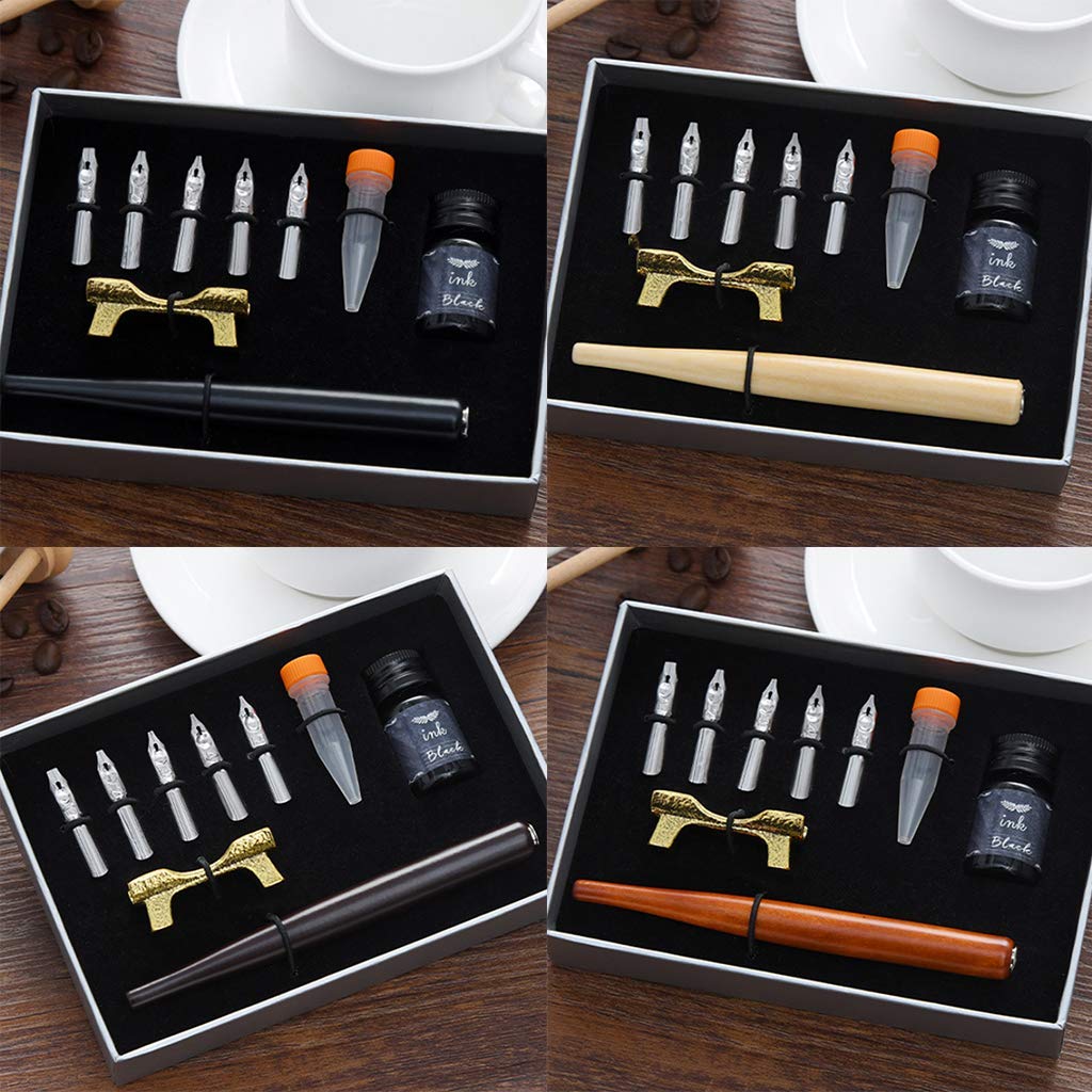 Calligraphy Fountain Dip Pen + 5 Nibs Ink Kit Gift Box for Lettering Sketching