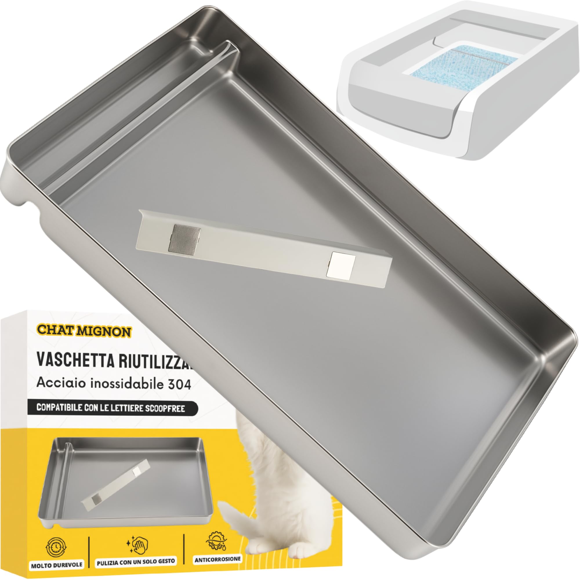 ChatMignon® – Cassetta Igienica Riutilizzabile in Acciaio Inox 304, Compatibile con Pet-Safe Scoop-Free, Ultra Resistente, Anti-Odori & Macchie, Ecologica, Angoli Arrotondati