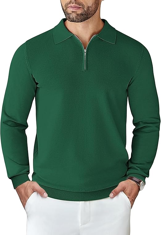 COOFANDY Mens Knit Polo Sweater Casual Long Sleeve Quarter Zip