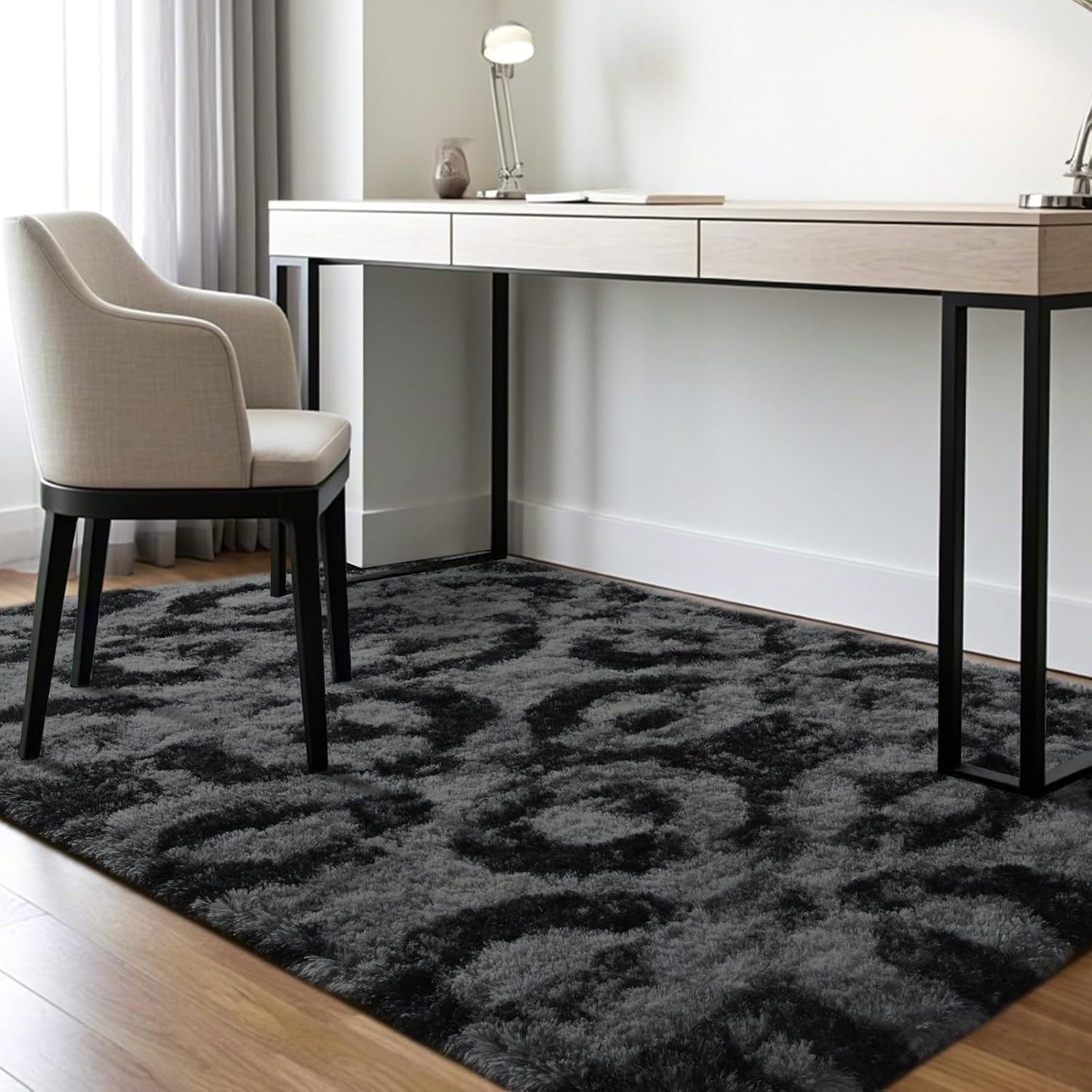 ISEAU 4x6 Rug for Bedroom, Charcoal Gray Geometric Pattern Fluffy Area Rug for Living Room, Kitchen, Soft Shag Carpets, Plush and Machine Washable Mats, Nursery Floors Mat, Boys Room Carpet Decor