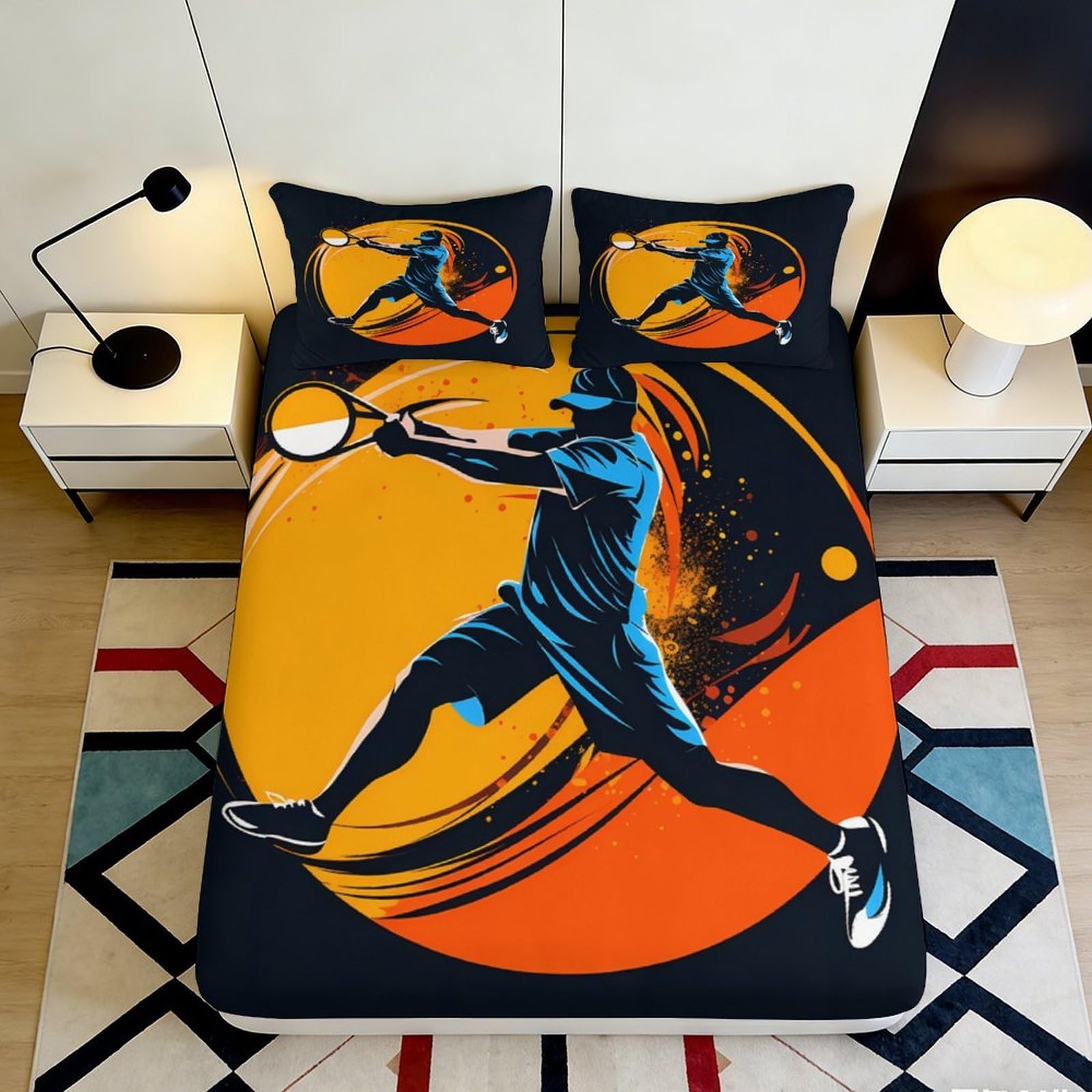 3D Printed Tennis Player Fitted Sheet Microfiber Soft Breathable Sports Design Mattress Cover for Bedroom Dorm Dormitory Guest Room Protection 90x200x25cm