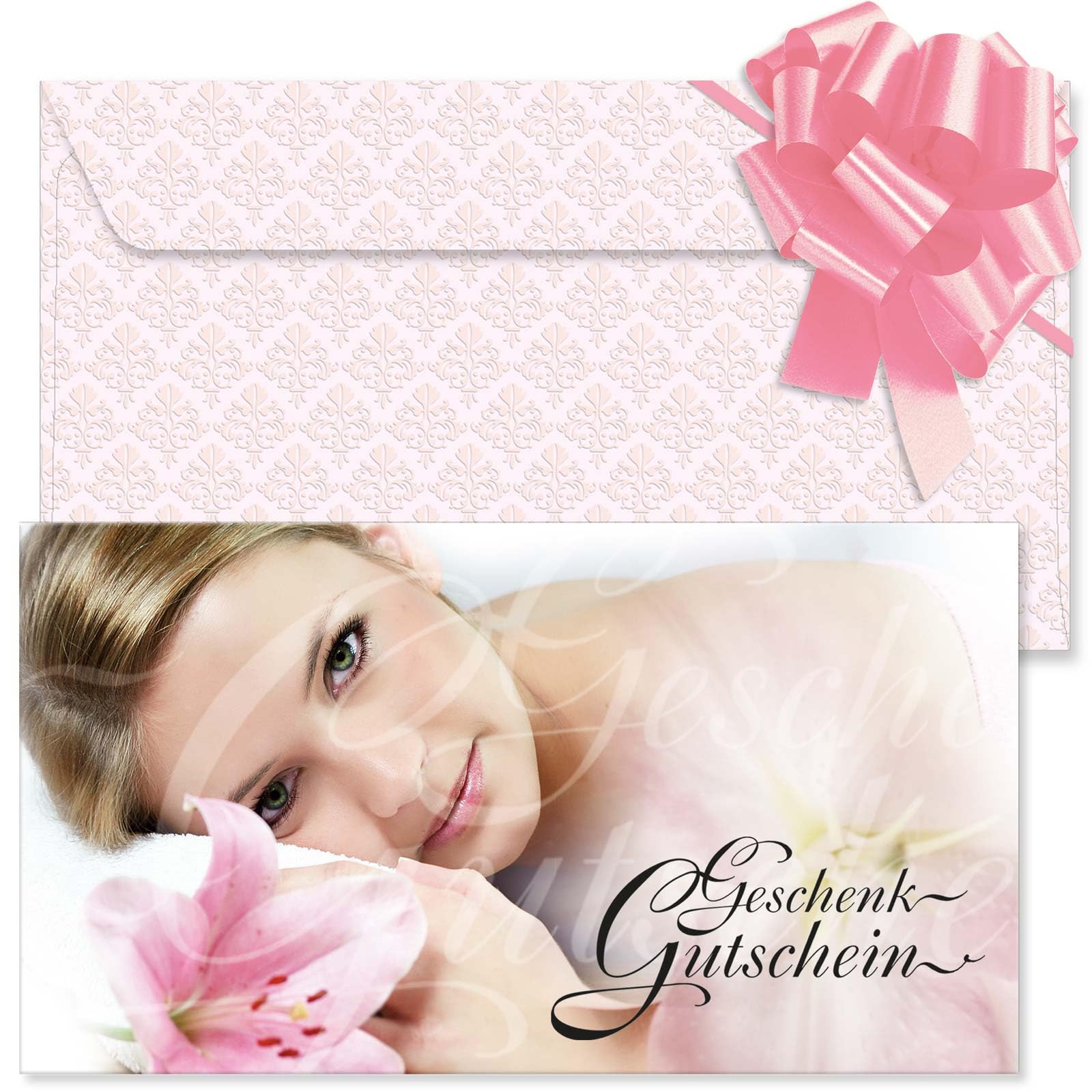 GESCHENKGUTSCHEINcom - 50 Gutscheine mit Umschlag/Schleife für Kosmetikinstitut Kosmetik Wellness - Geschenkgutschein-Vordruck blanko KS1707-2-50