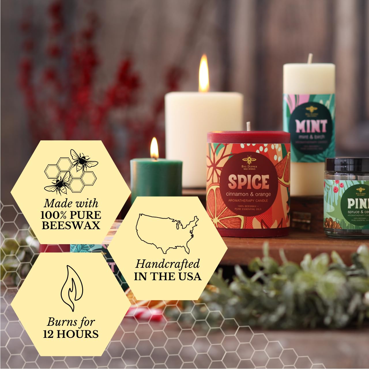 Big Dipper Wax Works Holiday Aromatherapy Pillar Candle – Spice (Cinnamon, Orange & Clove Bud), Handcrafted 100% Pure Beeswax, 60-Hour Clean Burn, Red 3" × 3.5", Natural Essential Oils