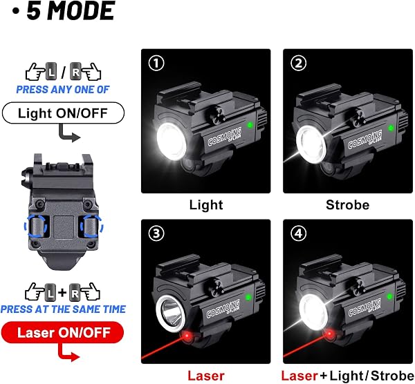 COSMOING Red Laser Light Combo, 800 Lumen USB Rechargeable Gun Flashlight Laser Sight Combo with Strobe Function for Pistol Handgun Rifles with Picatinny Rail Mount - 2