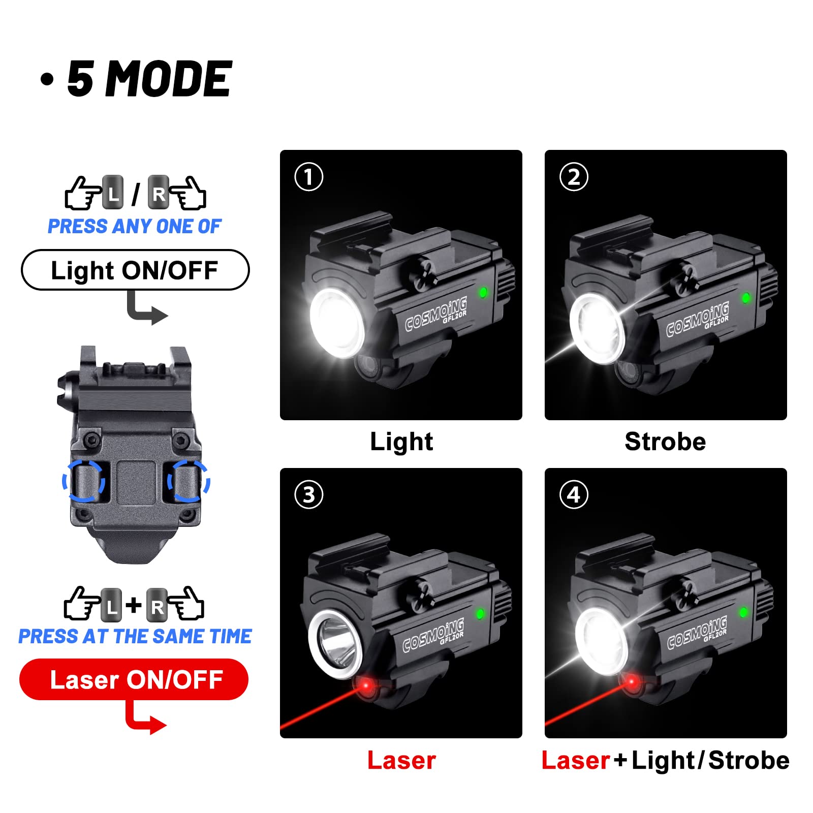 COSMOING Red Laser Light Combo, 800 Lumen USB Rechargeable Gun Flashlight Laser Sight Combo with Strobe Function for Pistol Handgun Rifles with Picatinny Rail Mount — view 2