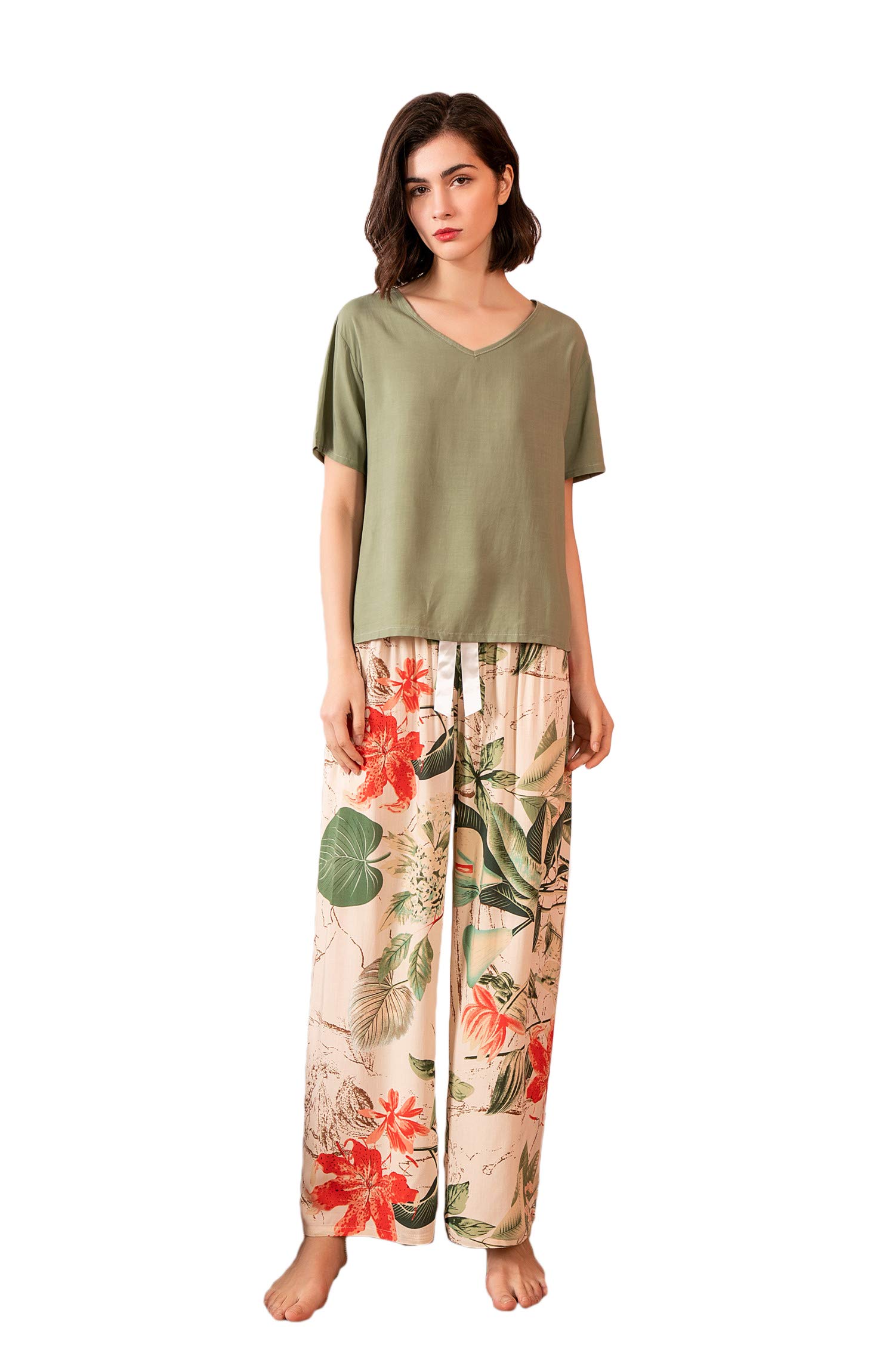 MUFRIYIT--AEMUFRIYIT-AE Women's Short Sleeve Long Pant Round Neck Floral Print Self tie Summer Nightwear Sleepwear Pajama Set