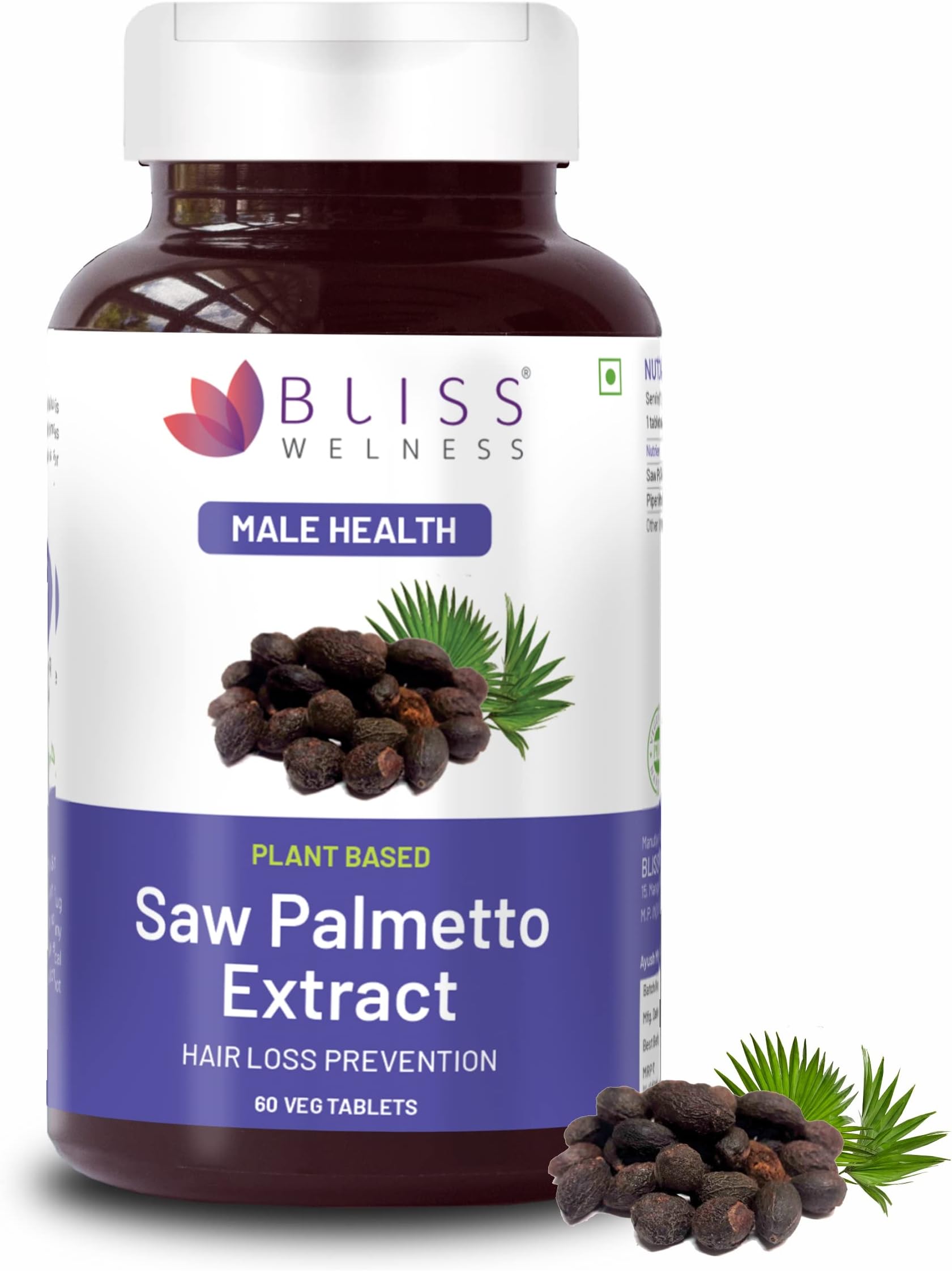 Bliss Welness Saw Palmetto Extract 800 MG | Hair Growth Prostate Health Support Urinary Tract Function Prevent Hair Fall Ayurvedic DHT Blocker Health Supplement - 60 Tablets (1 Month Pack)