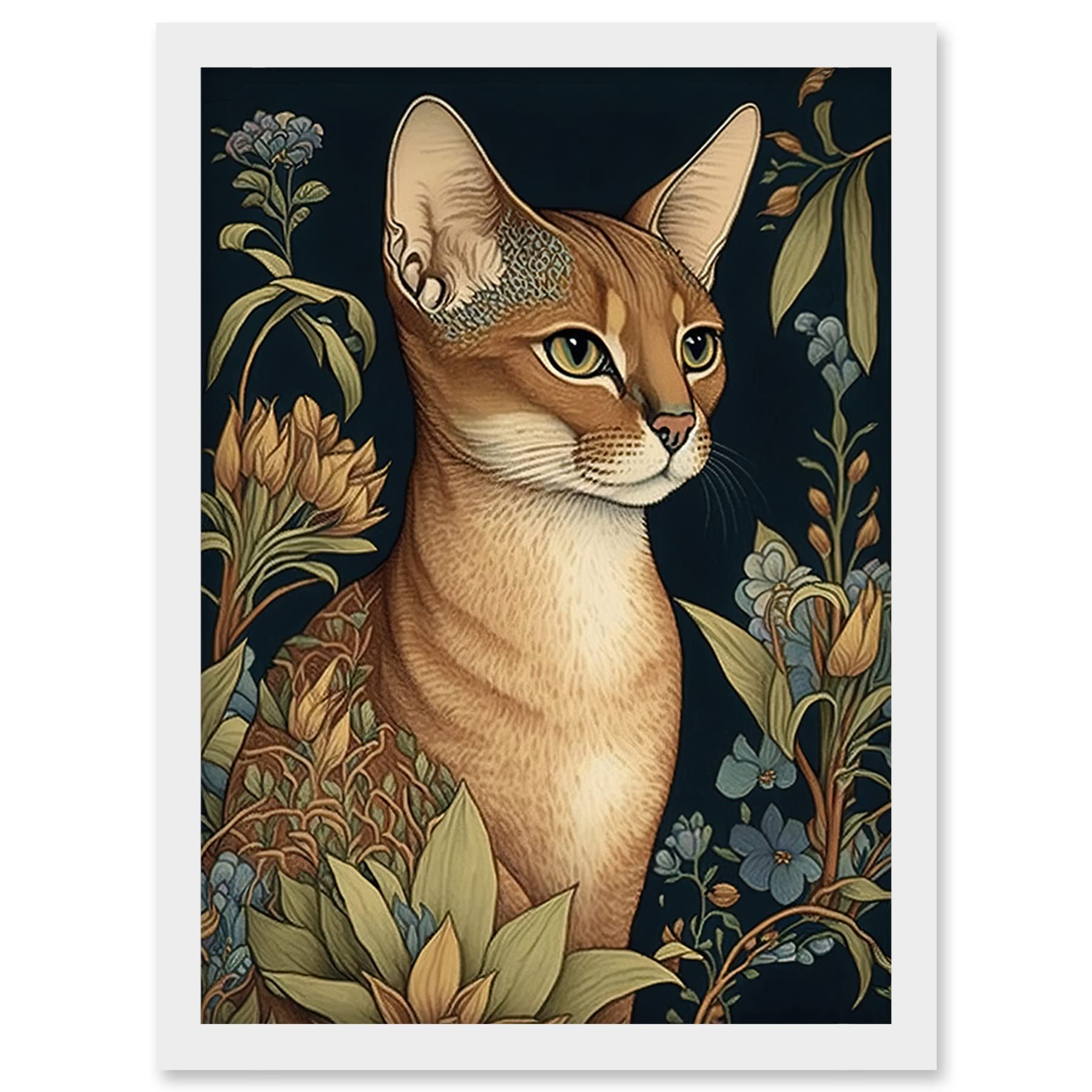 Artery8 Abyssinian Cat with Flowers Art Nouveau Modern Watercolour Illustration Artwork Framed Wall Art Print A4
