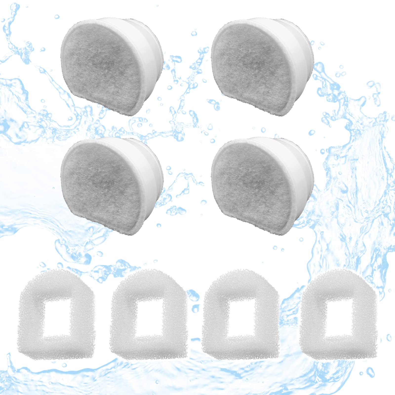 Paquete de 8 filtros de fuente de repuesto para mascotas, 4 filtros de carbono y 4 prefiltros de espuma compatibles con múltiples dispensadores de agua para mascotas