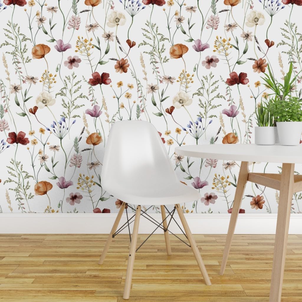 Spoonflower Removable Wallpaper 6ft x 2ft - Meadow Vintage Floral Bohemian Summer Cottagecore Custom Pre-Pasted Wallpaper