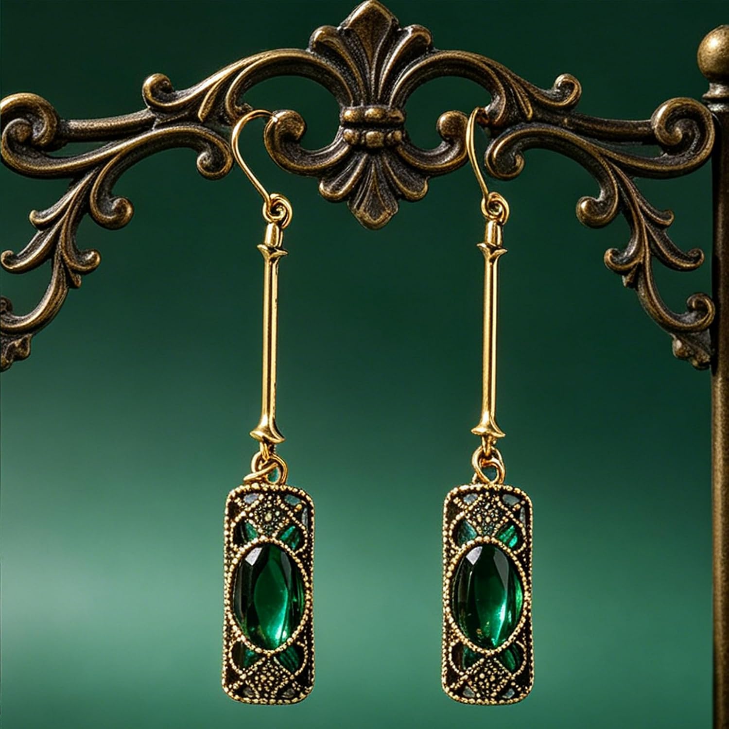 Vintage Art Deco Filigree Emerald Green Long Dangle Earrings for Women, Antique Bronze Emerald Green Earrings as Premium Vintage Jewelry & Antique Jewelry for Dates Vacations Daily Commutes Dances Parties and Various Social Occasions image 4