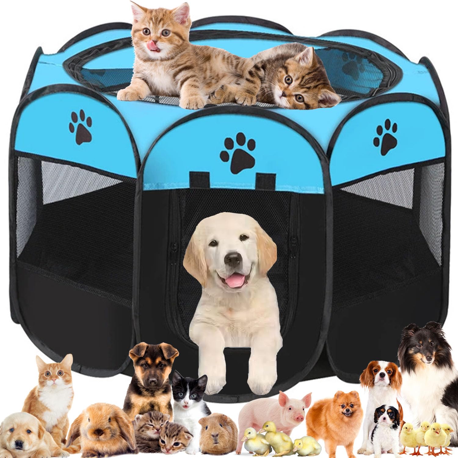 Pet Playpen Portable Dog Pen Foldable Pop Up Cat Play Pen, Oxford Fabric Soft Dog Crate Cage Puppy Pen for Indoors Outdoor Travel, Cat Tent Whelping Box for Kitten Rabbit Hamster Guinea Pig (Blue M)