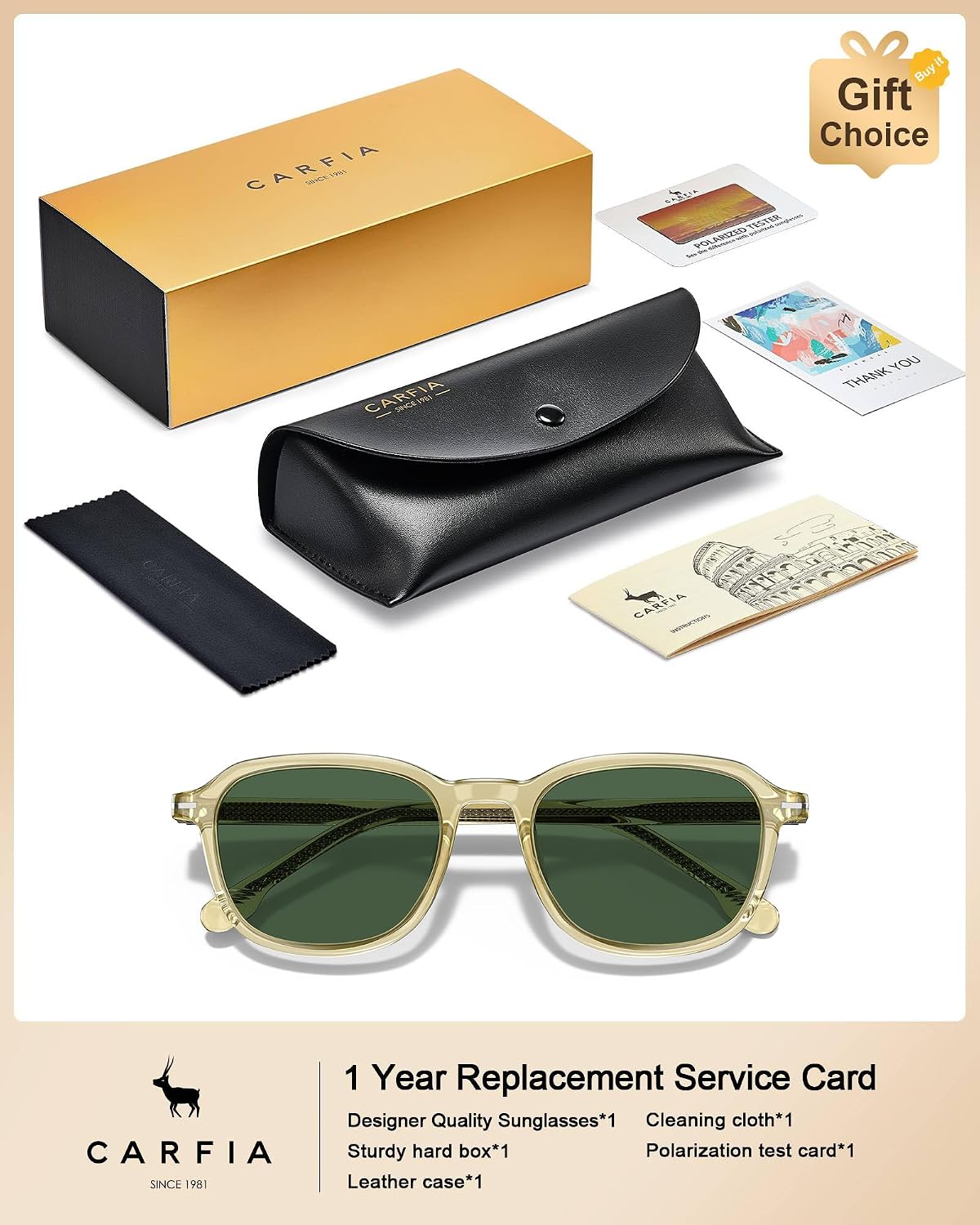 CARFIA Square Polarized Sunglasses for Men, Fashion Geometric Acetate Frame, Flexible Driving Golf Shades UV Protection