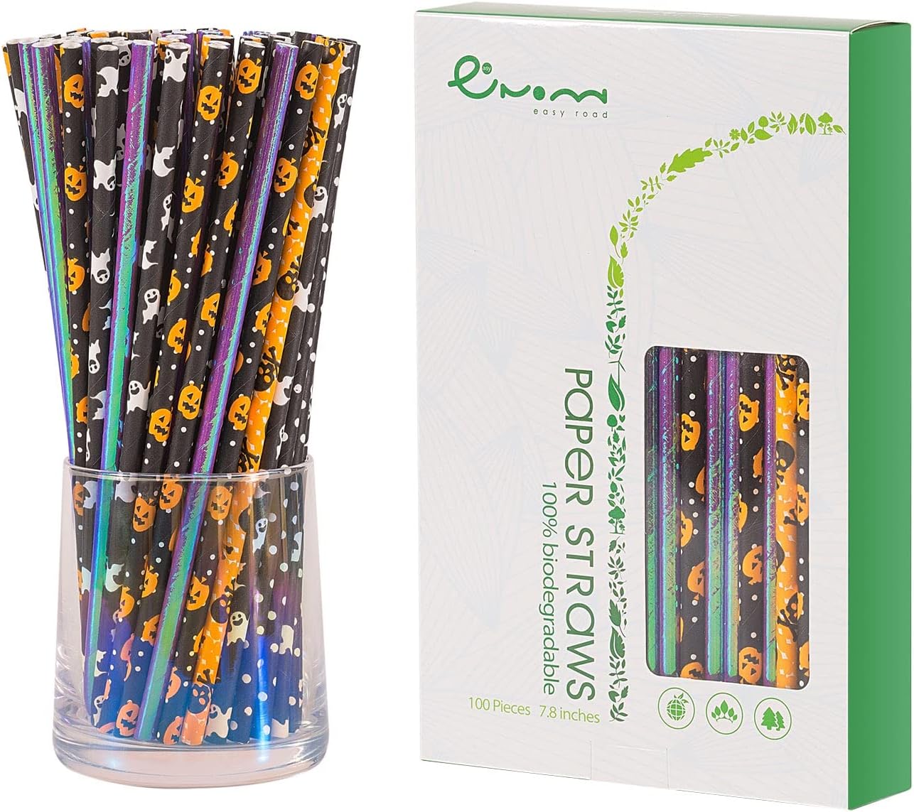 EASY ROAD 100 Pack Biodegradable Paper Straws, Halloween Printed Paper Drinking Straws for Juices, Shakes, Party Supplies, Birthday, Baby Shower Decorations, Food Safe