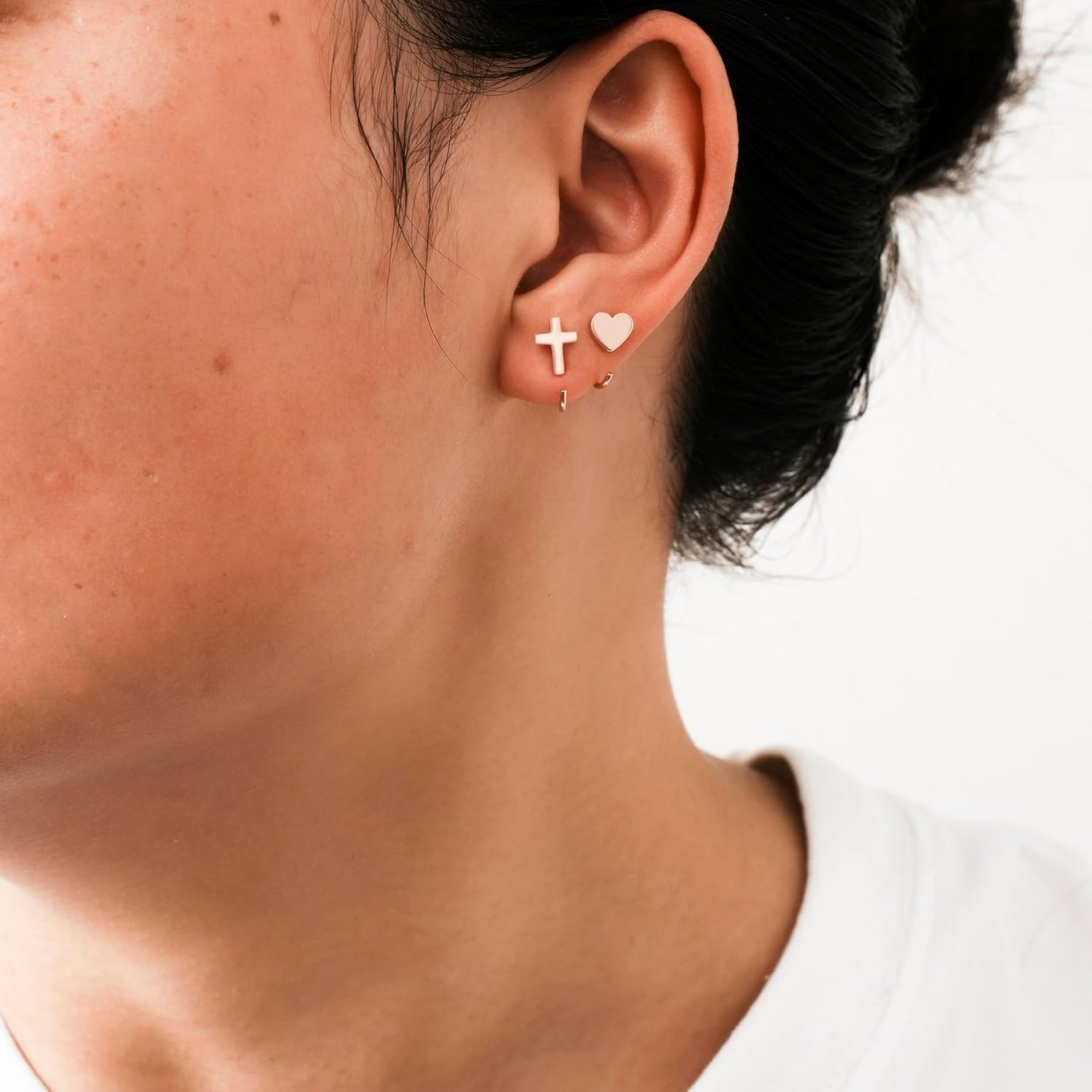 CHIC & ARTSY 925 Sterling Silver Half Hoop Earrings for Women, Small Huggie Hoops Set with Ball Bar Star Moon Cross & Pearl, Lightweight Comfort Fit Everyday & Sleep Earrings - Image 2