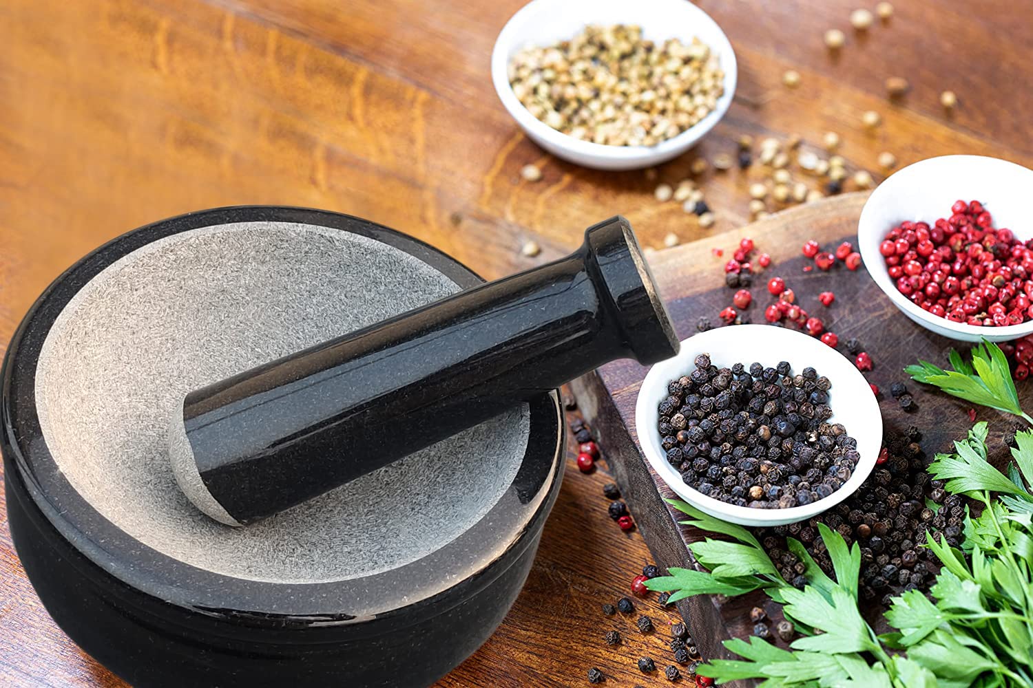 EZAHK Mortar and Pestle Set, Okhli Masher, Khalbatta, Kharal, Mixer, Natural & Traditional Grinder, Musal, Design for Kitchen, Home, Herbs and Spices Large Size (Black 6 inch) 1