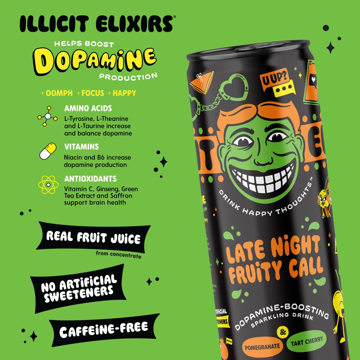 Illicit Elixirs Pomegranate & Tart Cherry Flavored Sparkling Juice Drink, Late Night Fruity Call, No Artificial Sweetener, 12 Fluid Ounces (Pack Of 12)