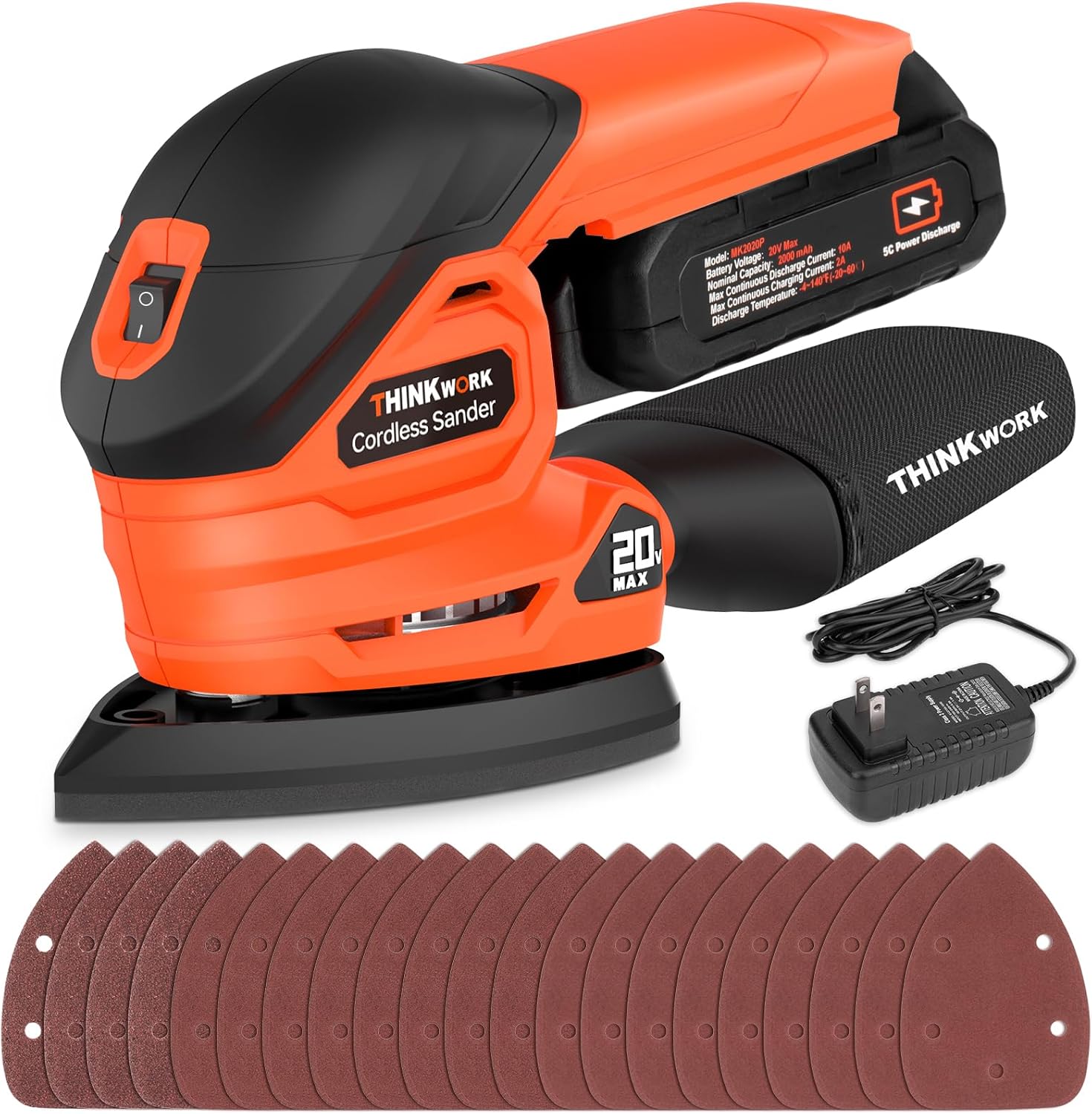 20V 2.0Ah Cordless Detail Sander - Electric Hand Sander for Woodworking with Dust Collector, 12000 OPM Palm Sander Tool with 21PCS Sanderpapers for Sanding, Polishing