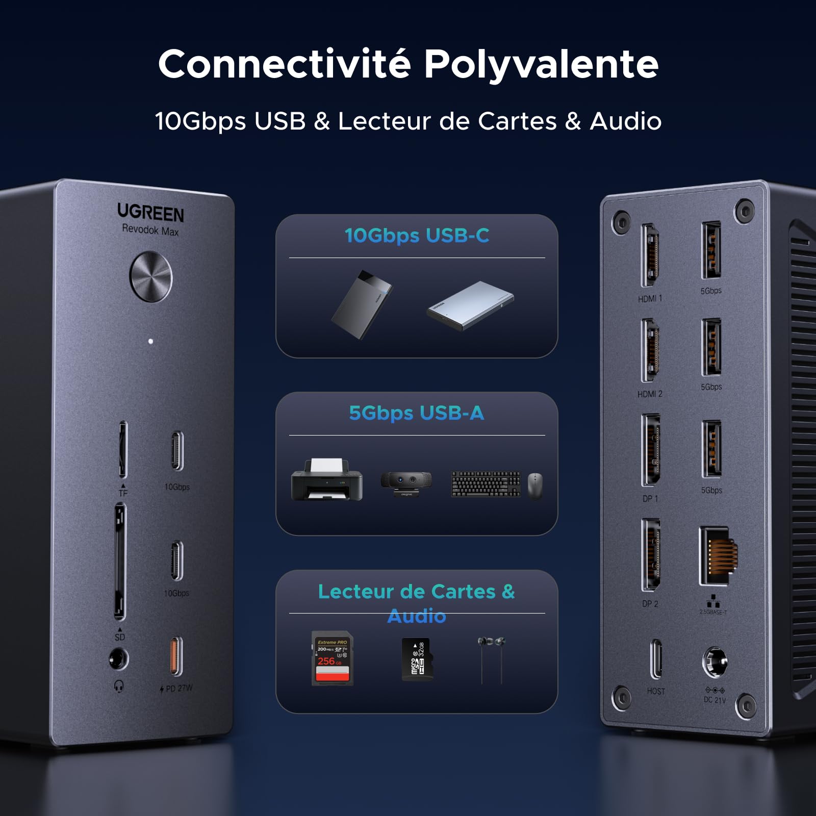 UGREEN DisplayLink Docking Station USB C Quadruple Affichage pour Mac | 15 en 1, 2 DP, 2 HDMI, Unique 8K, Quatre Écrans 4K, 10Gbps, 3A2C, RJ45 2.5GbE, PD 100W Charge, SD TF, Audio 3.5mm, CC 150W
