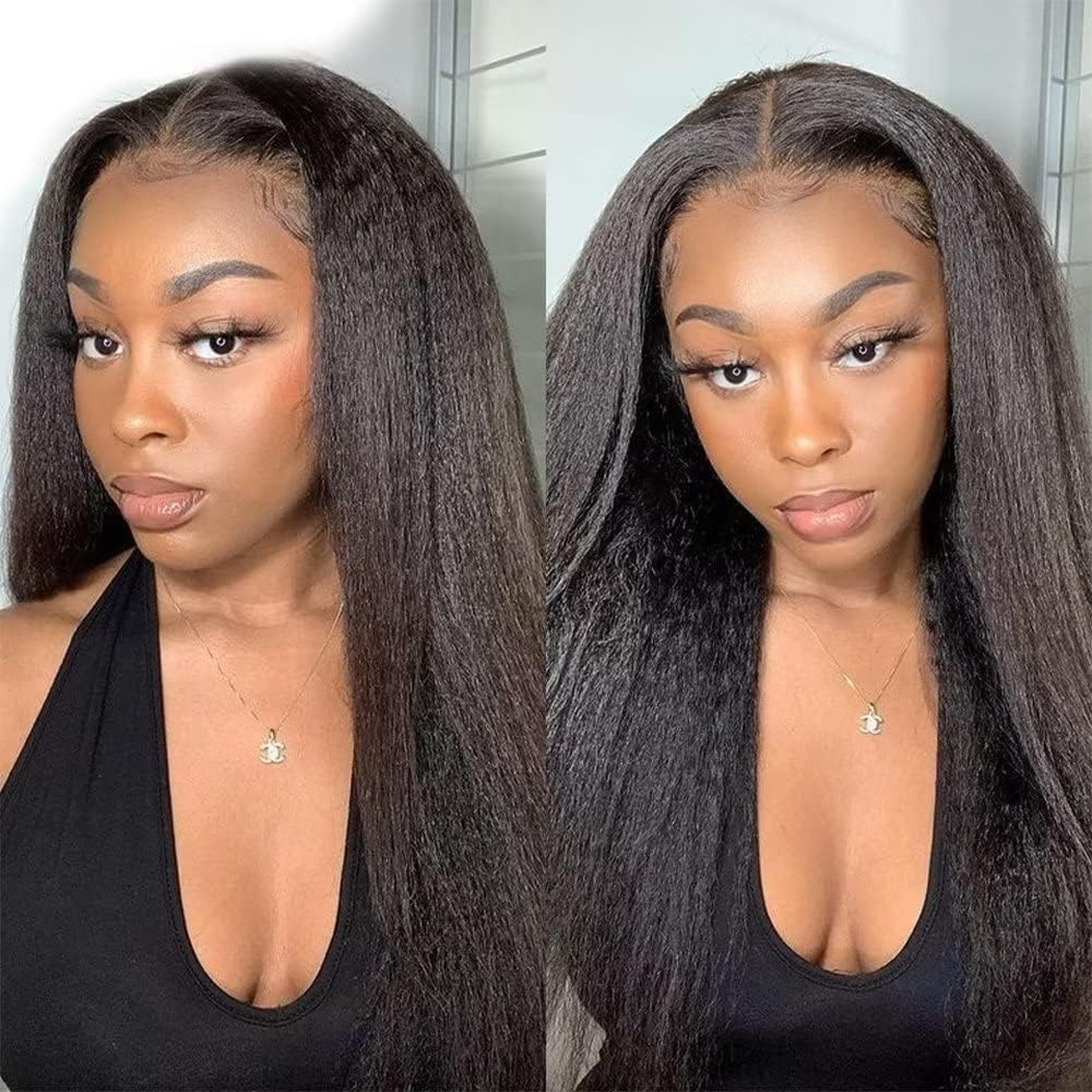 22 Inch Kinky Straight Human Hair Wigs Yaki Straight Lace Front Human Hair Wigs, 180 Density Brazilian Kinky Straight Wigs for Black Women Natural Color 22 Inch Kinky Straight Human Hair Wigs Yaki Straight Lace Front Human Hair Wigs, 180 Density Brazilian Kinky Straight Wigs for Black Women Natural Color