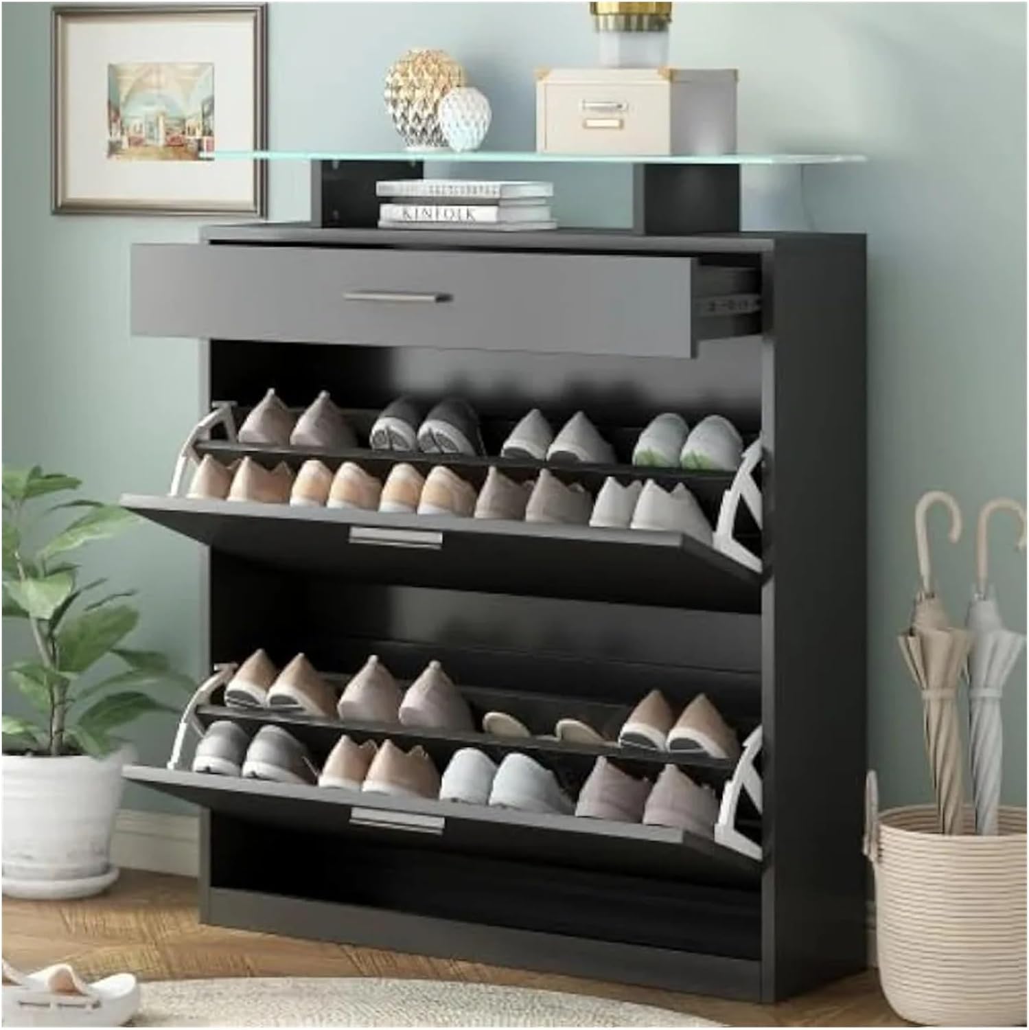 Top Storage Cabinet with Drawer Black Free Standing Shoe Rack with LED Light for Hallway Bedroom Shelf Organizer,Entertainment Center, aa-00