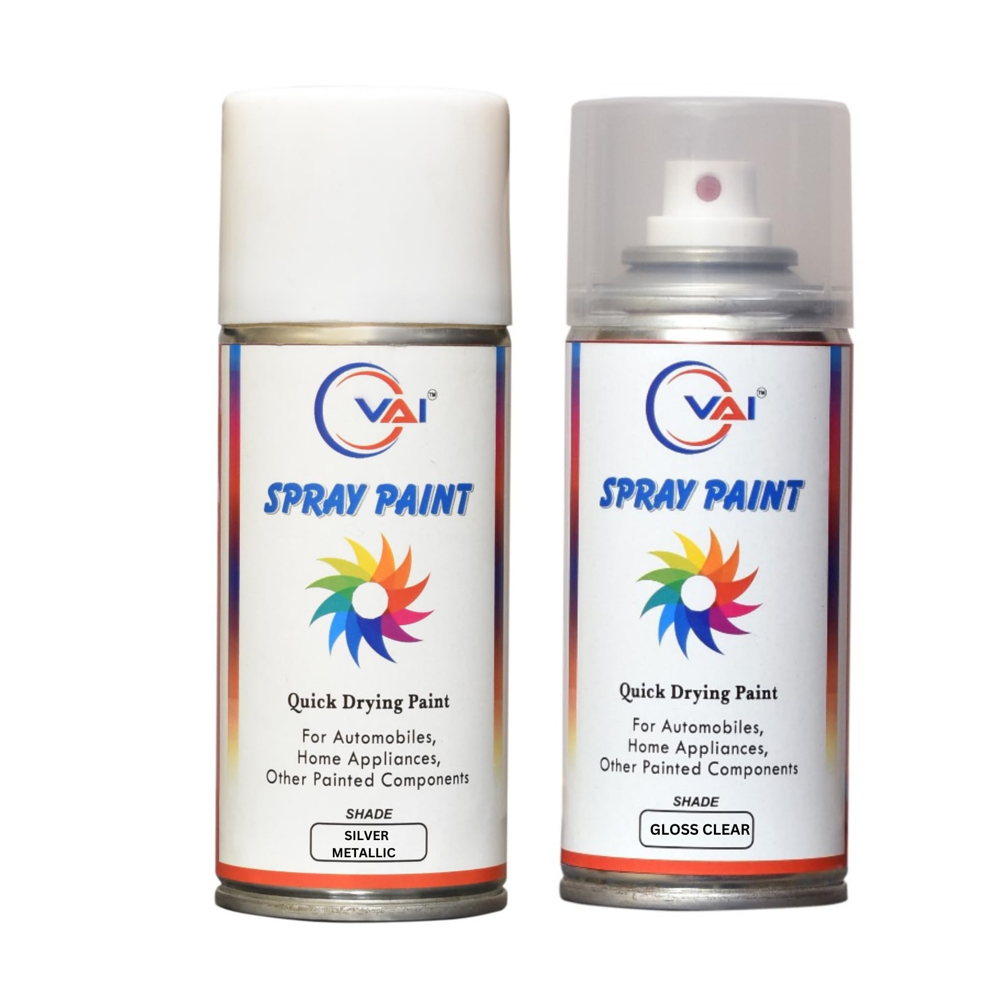 VAI Touch-Up Spray Paint Compatible for Maruti Suzuki Premium Silver Metallic & Gloss Clear - 225ml Each (Pack of 2) | Quick Drying Car Spray Paint for Swift, Dzire, Baleno, Brezza