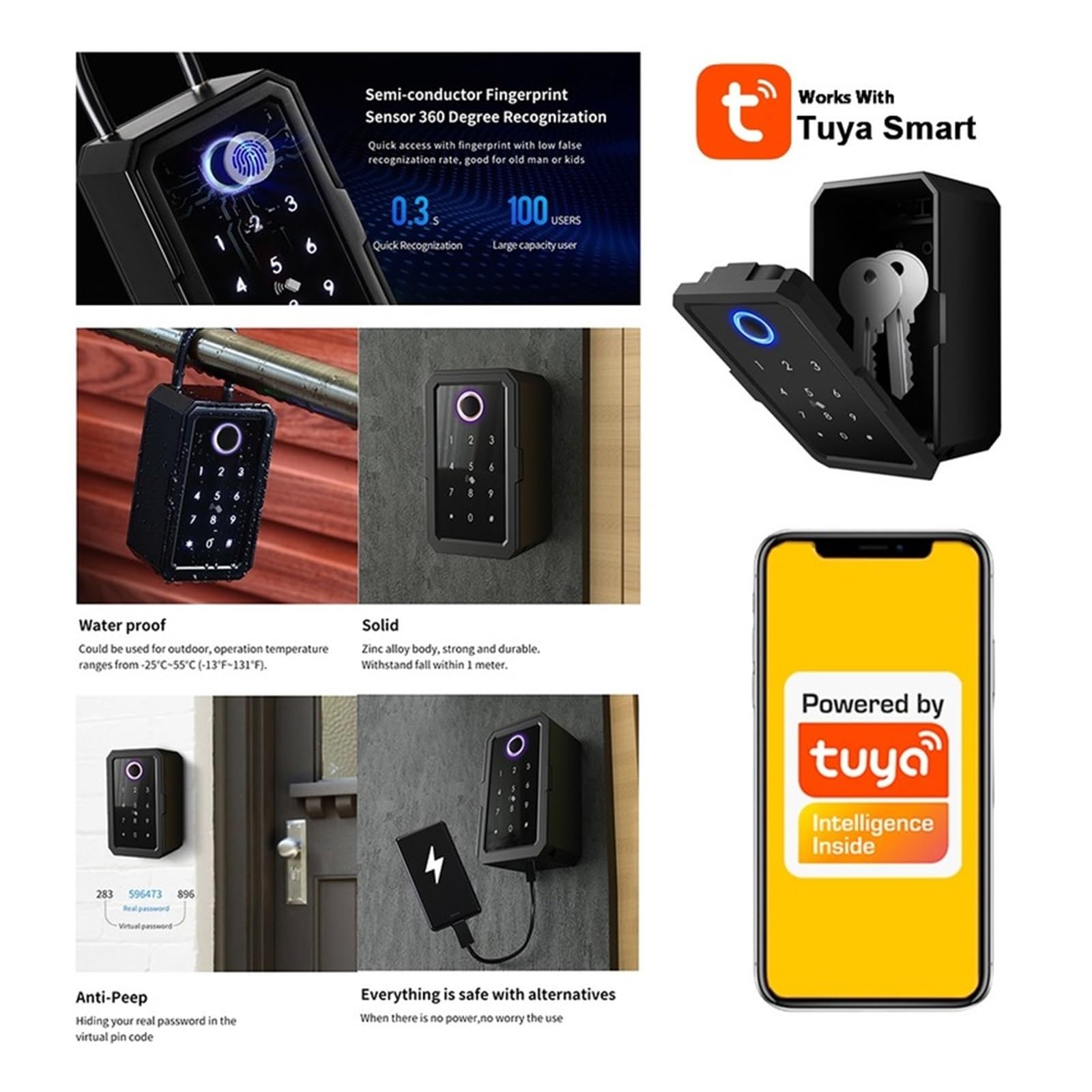 Caja fuerte, caja fuerte para llaves, Caja de seguridad electrónica Tuya Control 4,1 puerta de enlace impermeable al aire libre seguridad huella dactilar caja fuerte para dinero, efectivo y objetos de