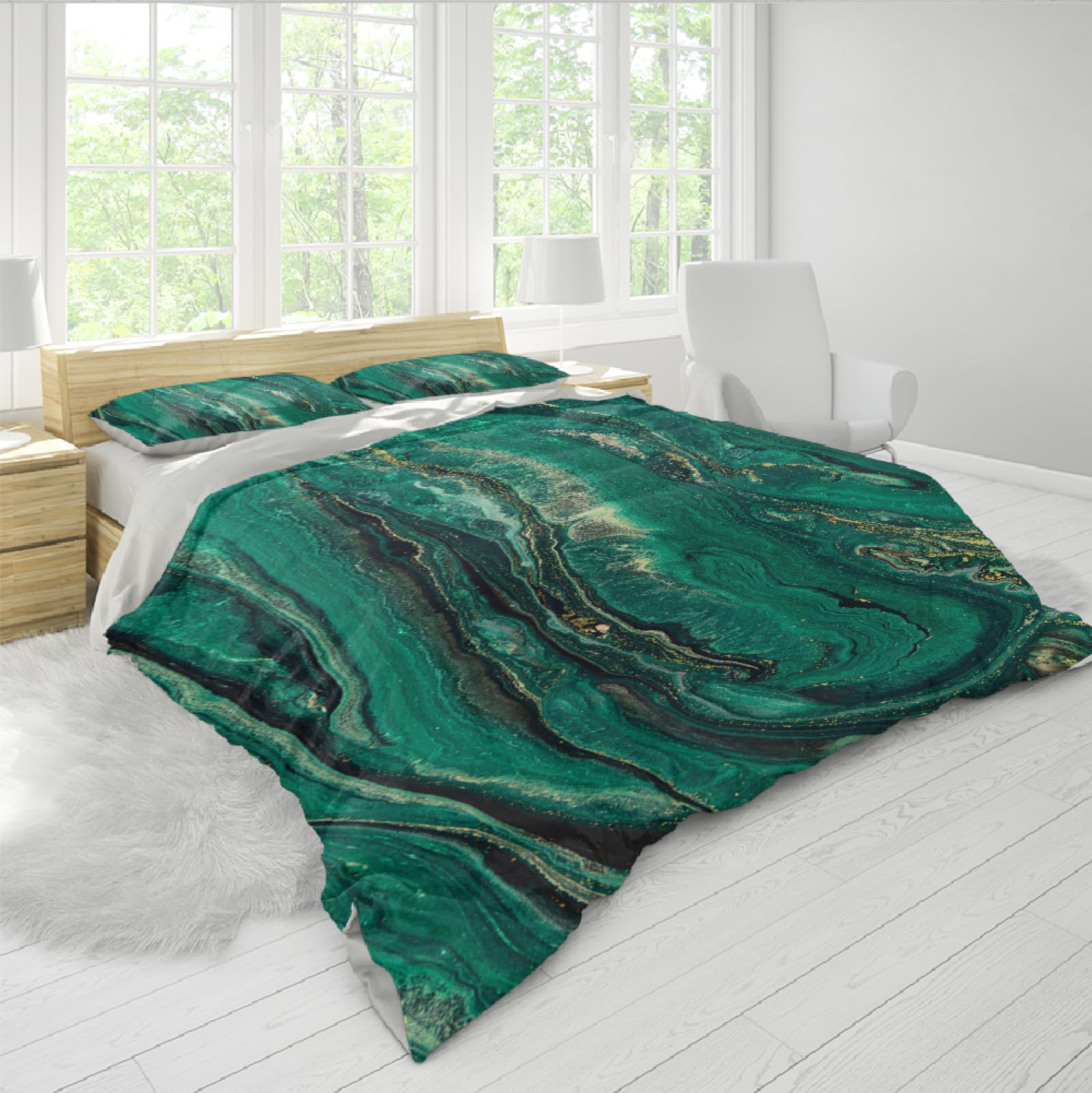 Funda de Edredón Set 3 Piezas Vórtice Geológico Verde Abstracto Juego de Ropa de Cama de Dormitorio con Textura Geométrica con 2 Almohadas Shams 4 Lazos Cremallera 230 x 230 cm