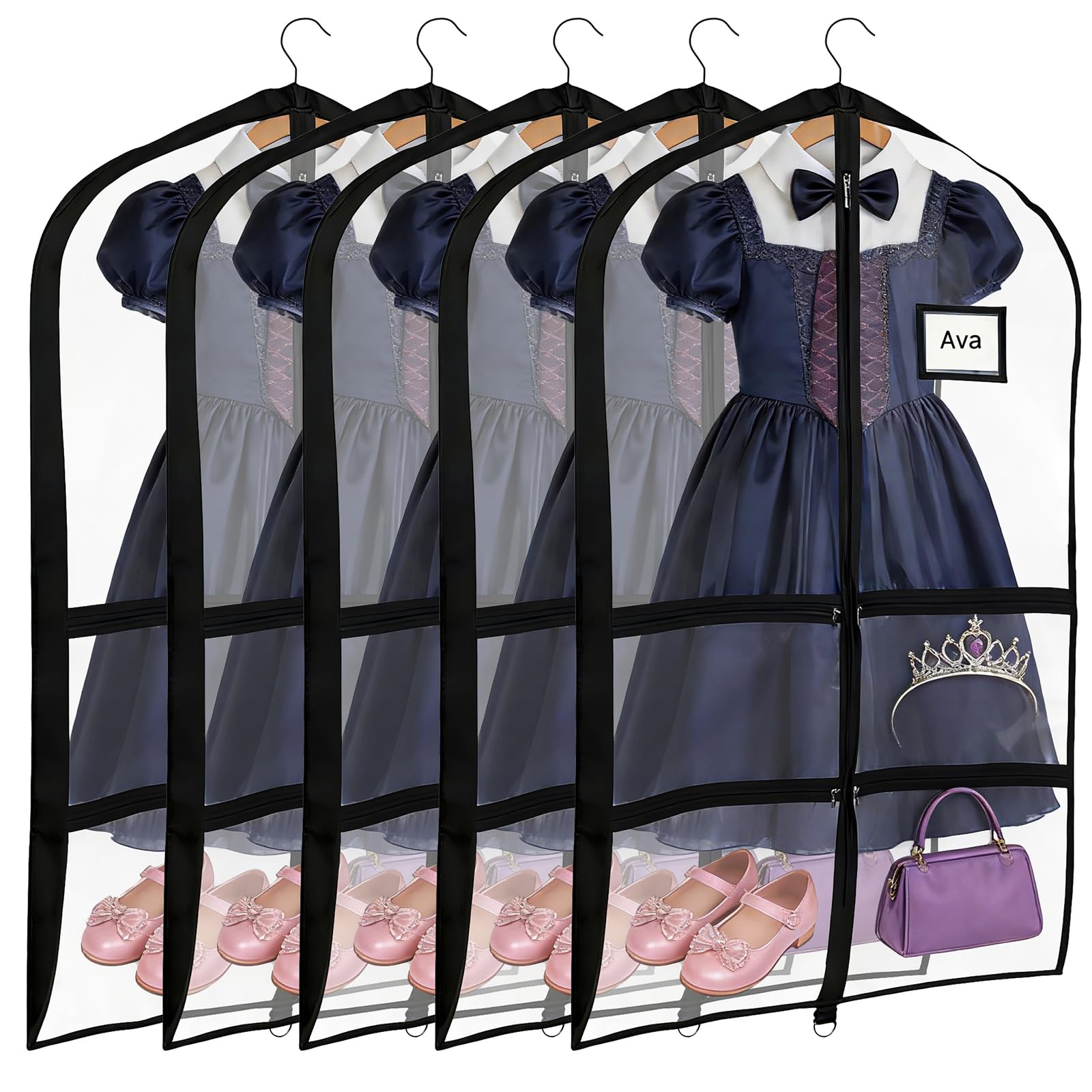 5 transparente Tanzkostüm-Kleidersäcke, 60 x 100 cm, mit Taschen, für junge Tänzerinnen für Kostüme, Tanzkleidung und Zubehör