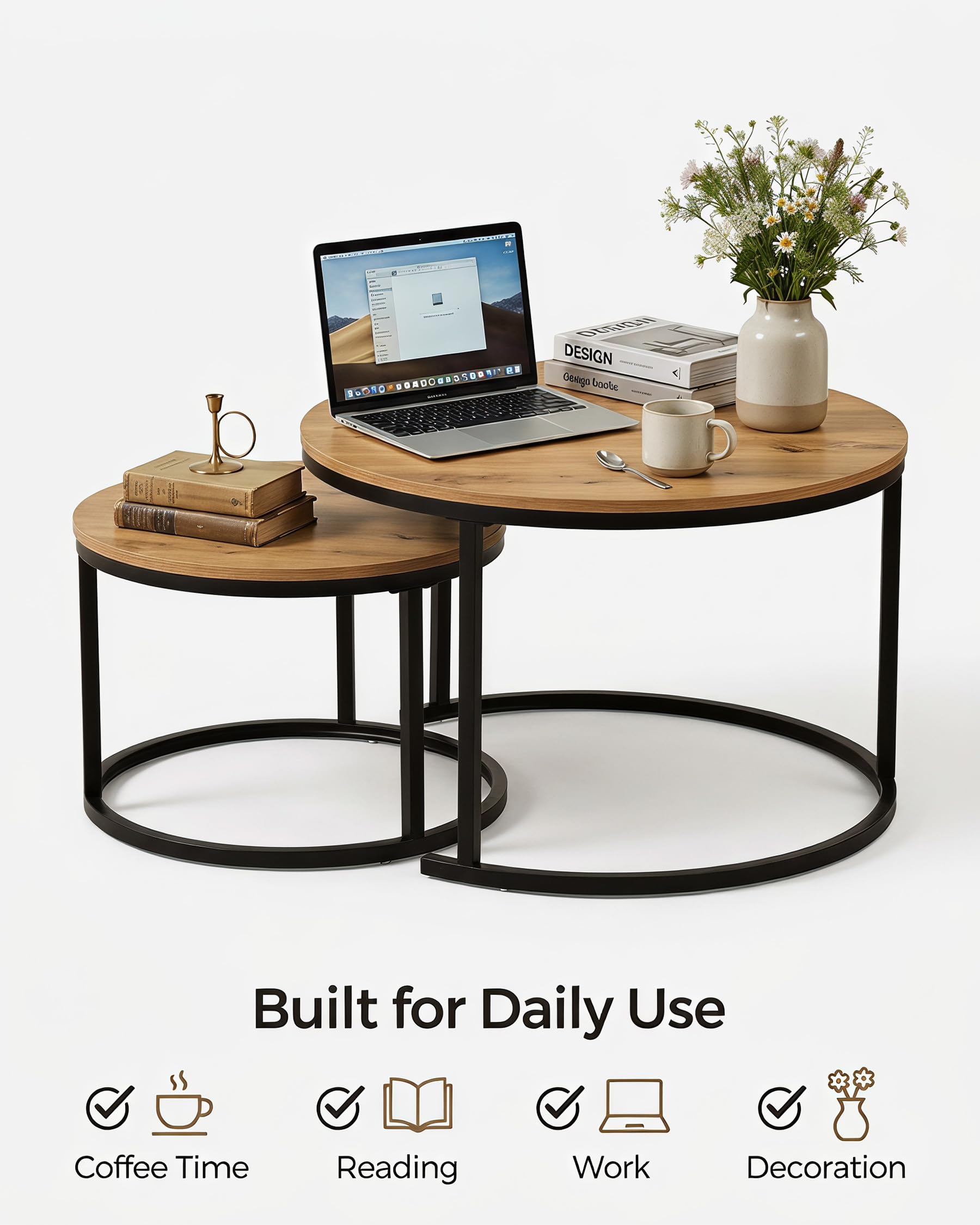 Couchtisch Rund Holz Beistelltisch Couch 2er Set 70cm Coffee Table | Wohnzimmertisch Rund Holz mit schwarzem Metallrahmen Couchtisch 70 x 70 mit natürlichen Holztrukturen