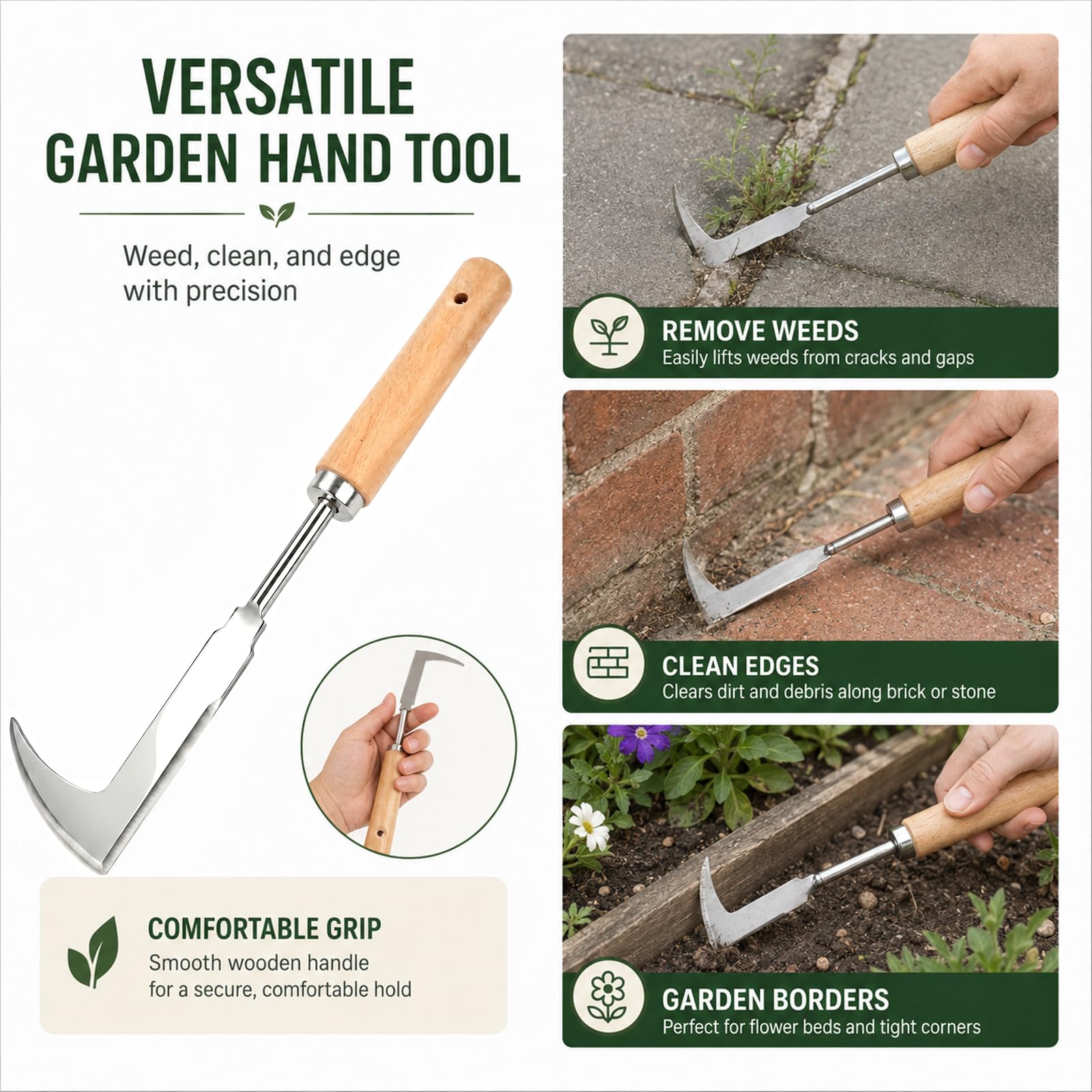 Couteau Désherbeur 31,5 cm avec Manche en Bois, Outil à Main pour Enlever Mousse et Mauvaises Herbes des Fissures, Lame en Acier Inoxydable Dentelée, Jardinage