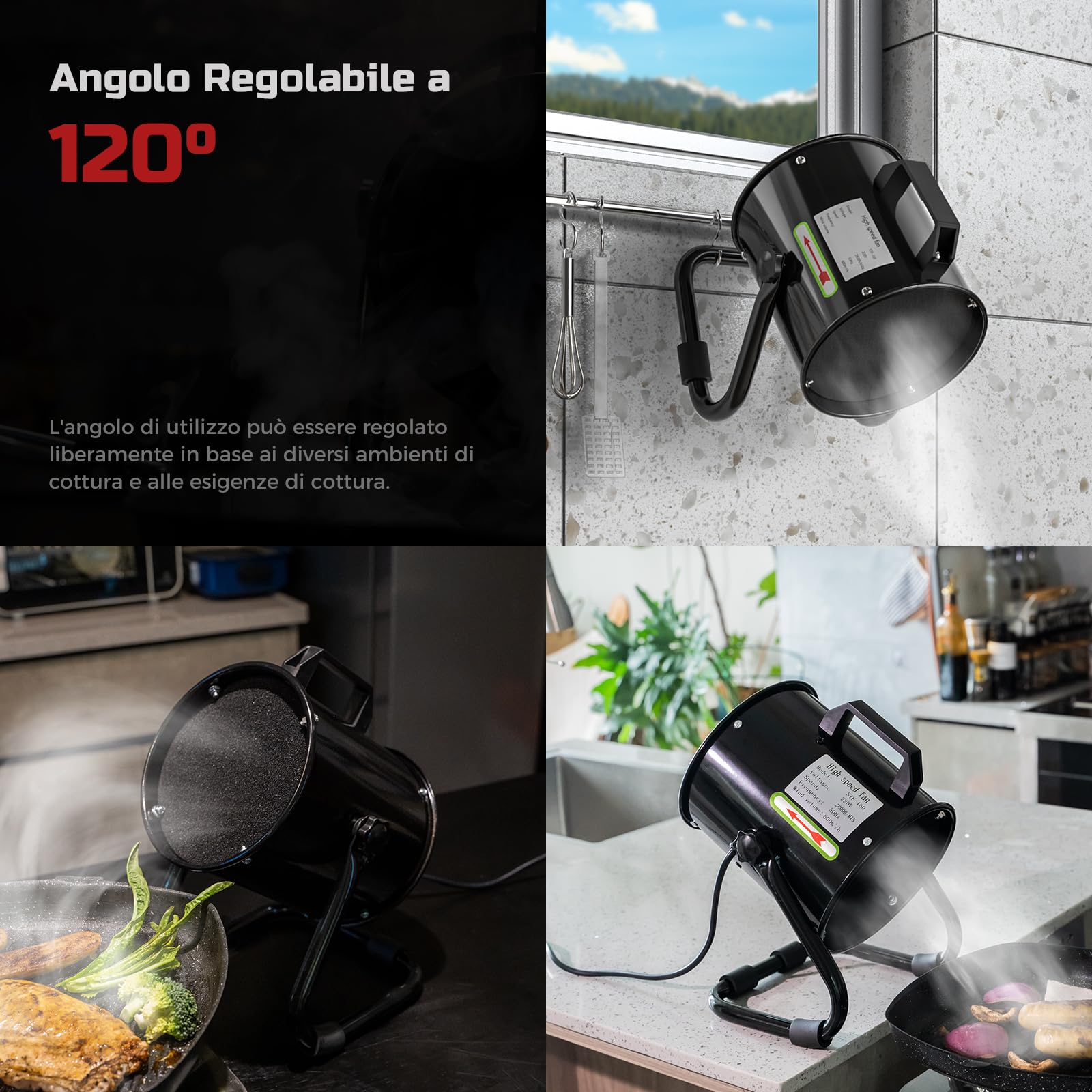 Cappa Cucina Portatile 40W 600m³/h Ventilatore Scarico Estrattore In Lega Alluminio - con 10 Filtri Carboni Attivi/120°Regolabile/Dasso rumore - per Ventilazione Circolazione Aria in Interni, RV