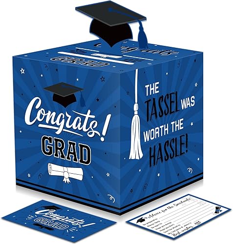 Funrous Caja grande de tarjetas de graduación azul y negro con 30 piezas de tarjetas de consejos, caja de dinero, tapa 3D de felicitaciones, soporte
