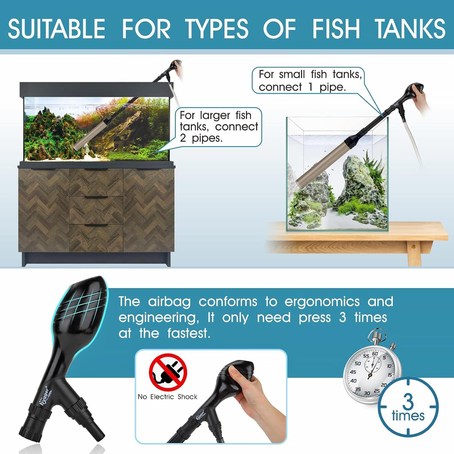 hygger Aspirador de grava 960LPH para acuario, correr en segundos acuario grava limpiador de bajo nivel de agua cambiador de agua limpiador de tanque de peces con pellizco o mango bola de succión