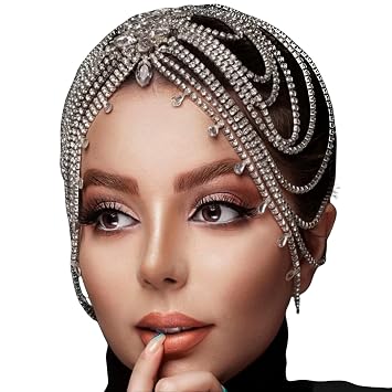 Wedding Headbands for Bride Headpiece for Women Silver Rhinestone Beaded Genie Goddess Enchantress Gypsy Forehead Boho Tassels Head Chain Renaissance Hair Accessories