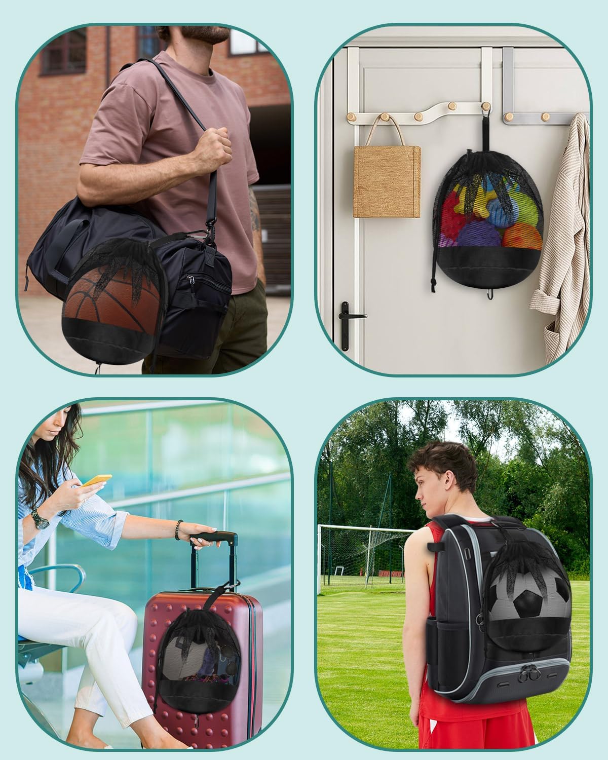 BROTOU Single Ball Bag with Double Hook, Balls Storage Bags with Zipper Pocket, Drawstring Sling Backpack for Soccer Basketball Football Volleyball Rugby